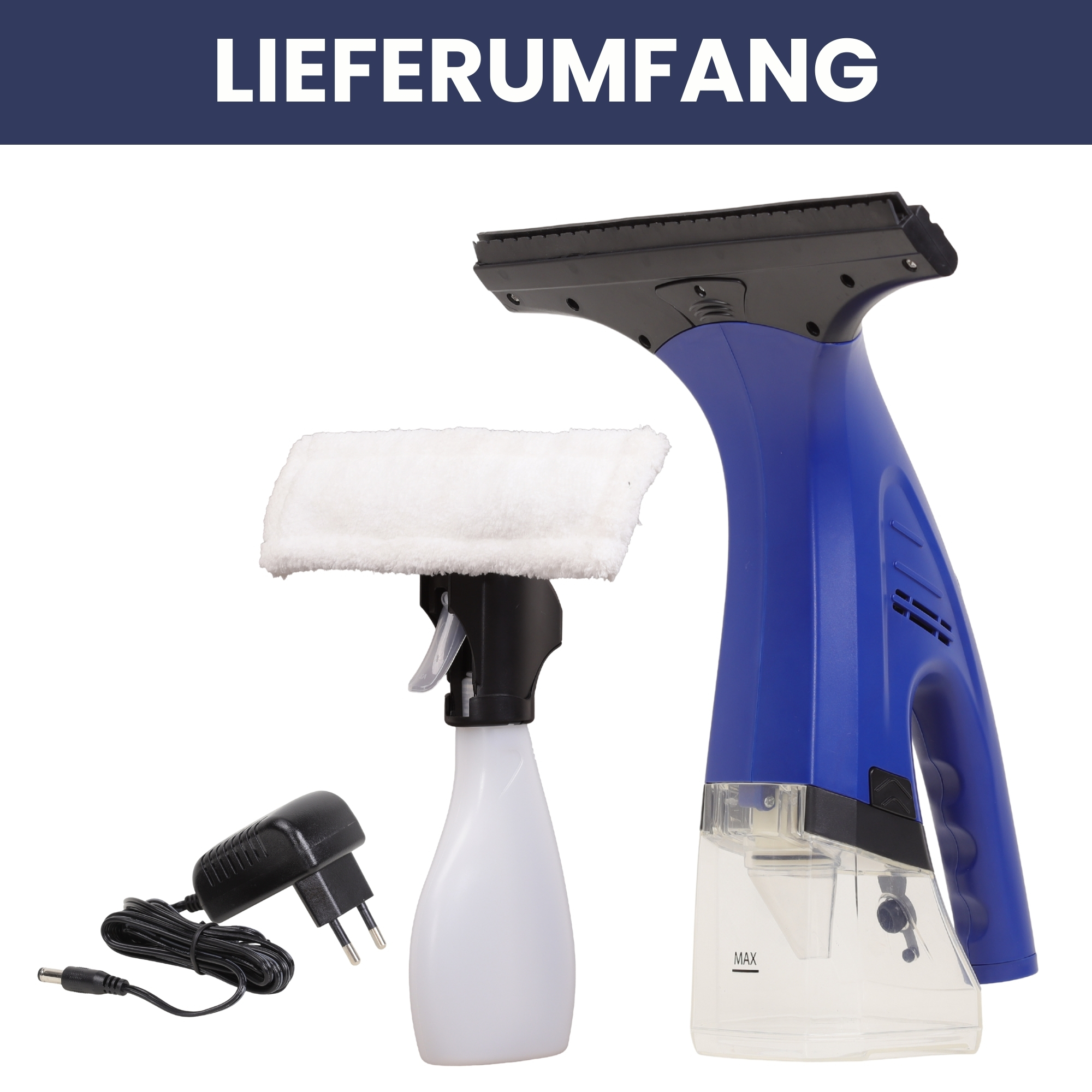 Ein Fensterputzer-Set mit blauem Griff, Sprühflasche, Ladegerät und Reinigungspad. Der Text "LIEFERUMFANG" steht oben.