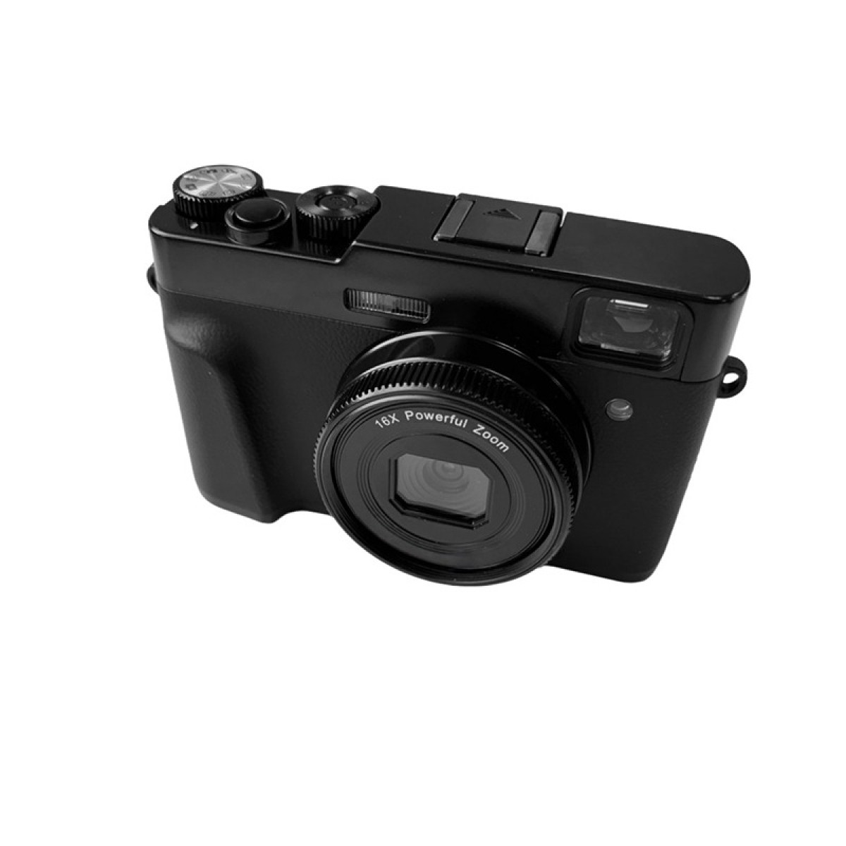 Czarny aparat z obiektywem z zoomem na białym tle. Ma przyciski i wizjer z napisem '16X Powerful Zoom'.