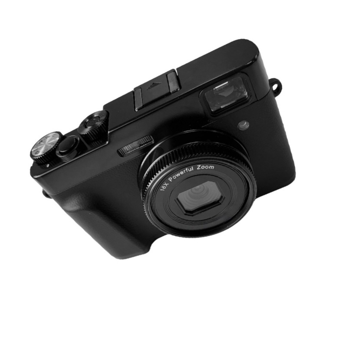 Czarny aparat cyfrowy jest pochylony. Ma obiektyw z napisem '16x Powerful Zoom'. Widoczne są przyciski i pokrętła.