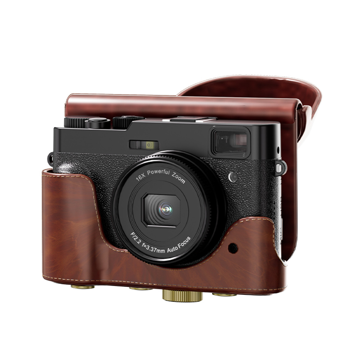 Czarny aparat z dużym obiektywem znajduje się w brązowym skórzanym etui. Etui ma klapę. Aparat ma przyciski i pokrętła.