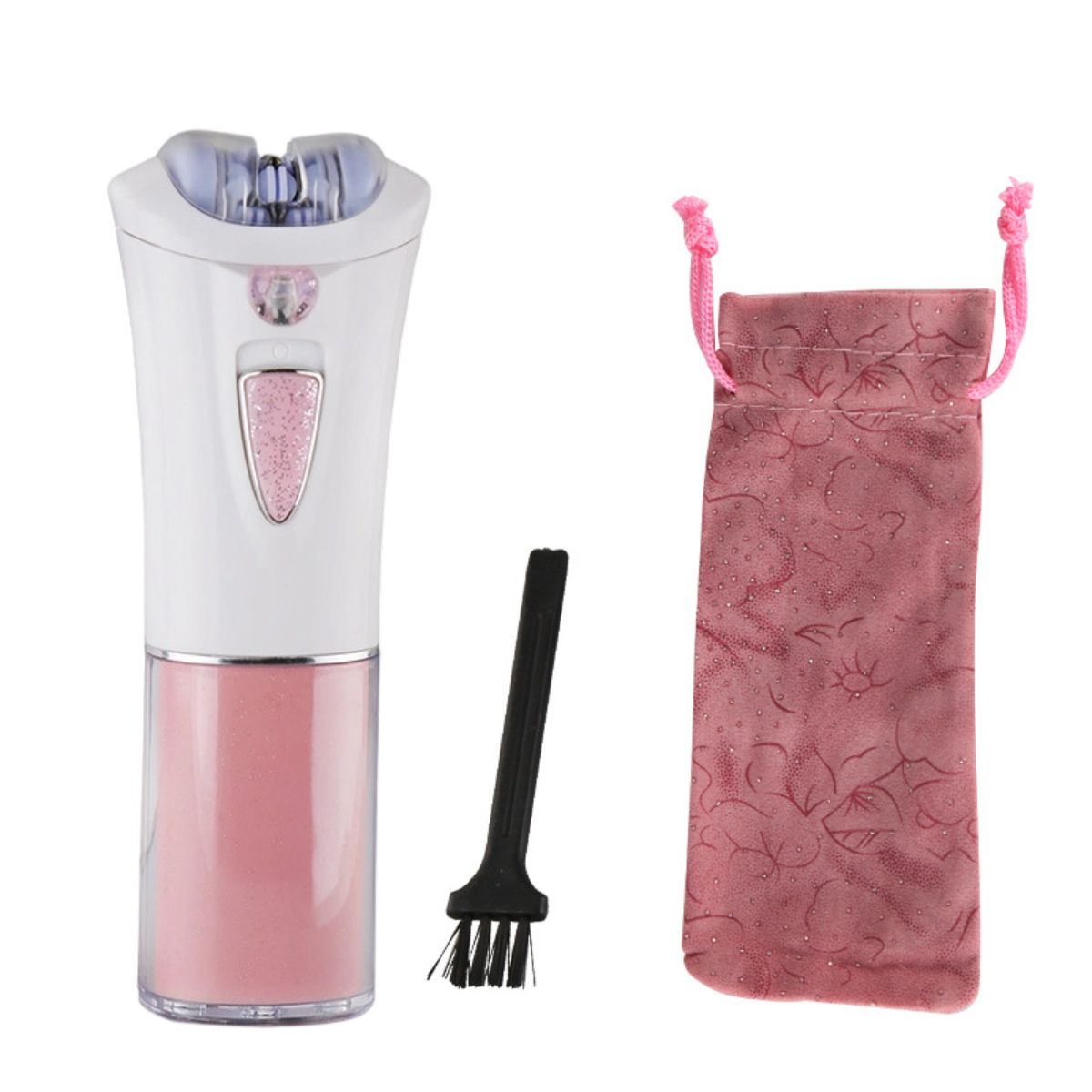 Ein weißer und rosa Epilierer, eine schwarze Bürste und ein rosa Beutel mit Kordelzug auf weißem Hintergrund.