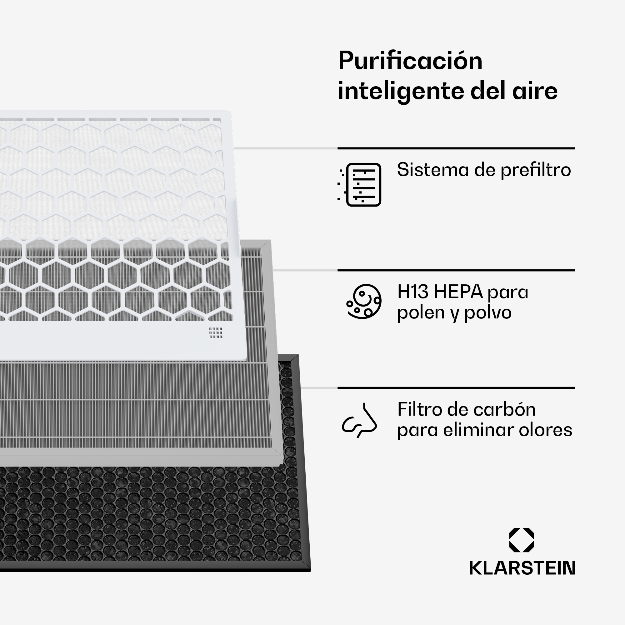 Diagramma dei filtri del purificatore d'aria. Include pre-filtro, filtro HEPA e filtro a carbone. Testo in spagnolo. Logo Klarstein.