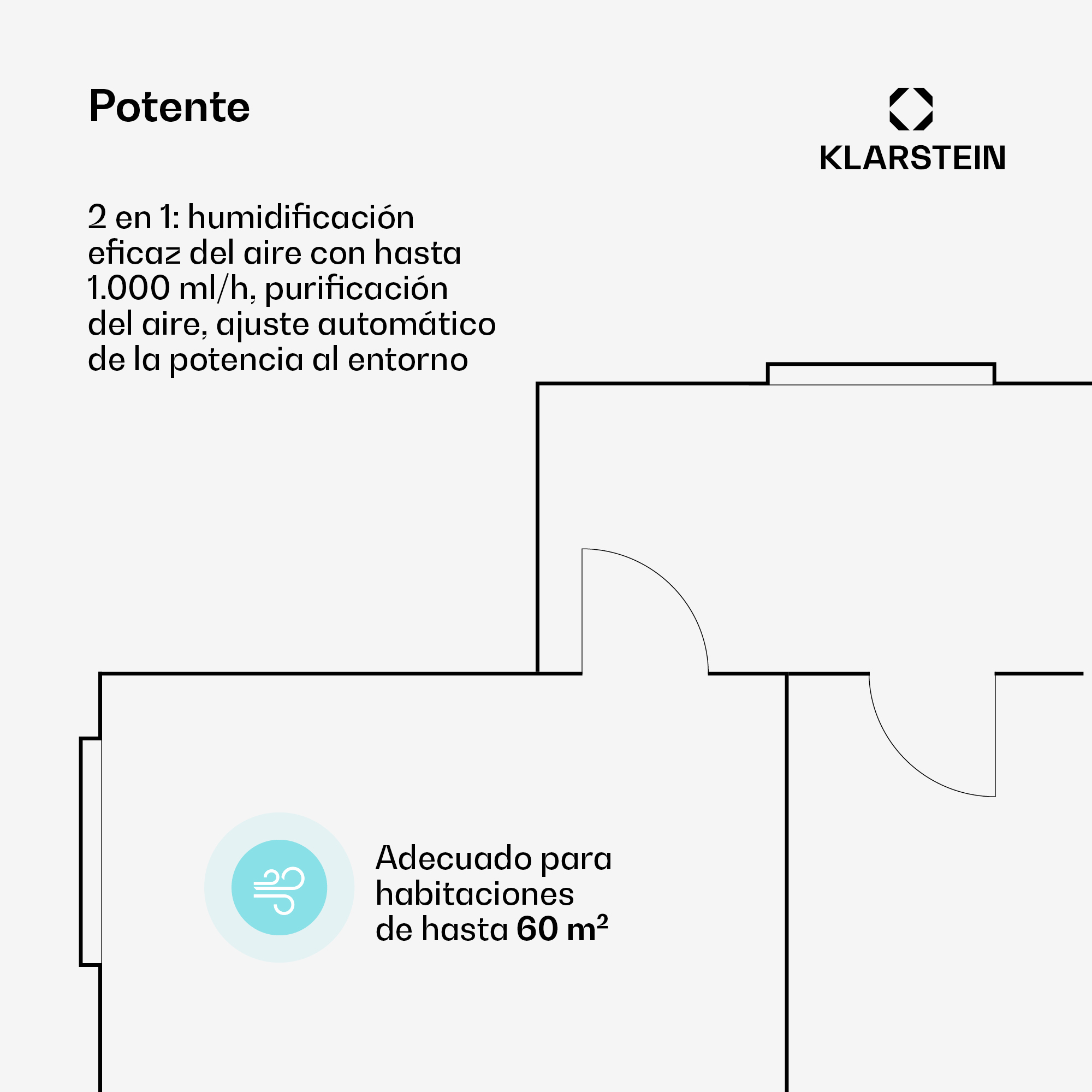L'immagine mostra un layout della stanza con testo. Pubblicizza un umidificatore e purificatore d'aria 2 in 1, adatto per ambienti fino a 60 m².