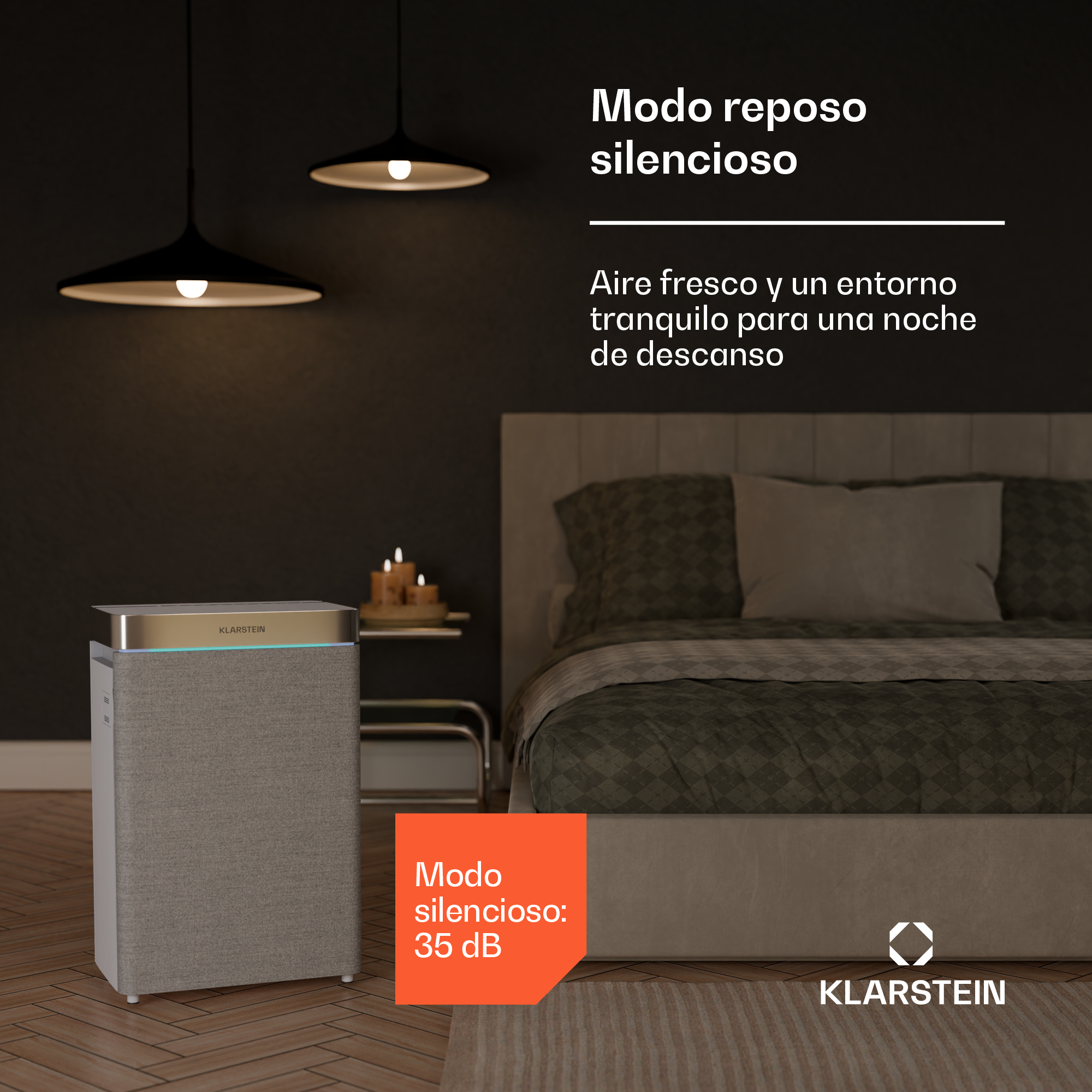 Scena di camera da letto con purificatore d'aria, letto e lampade. Testo: 'Modalità silenziosa' e 'aria fresca per una buona notte'.