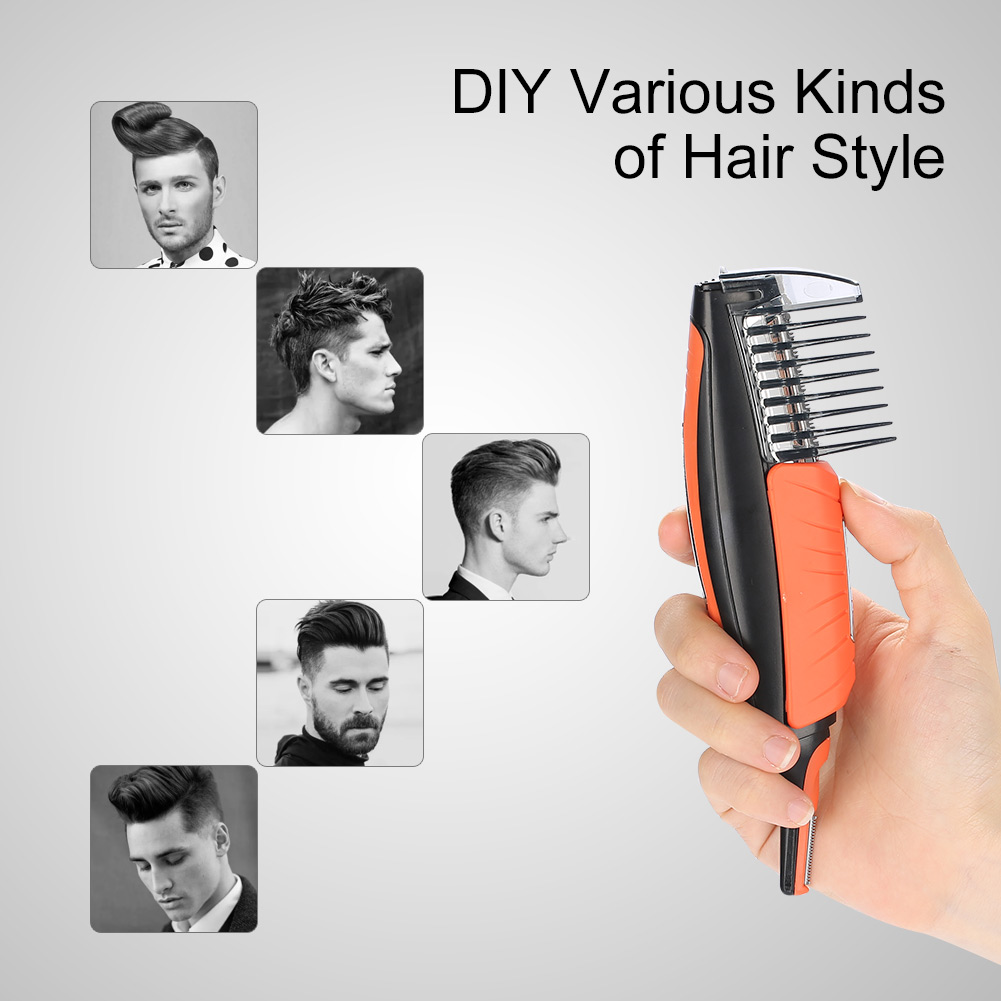 Eine Hand hält einen orangefarbenen und schwarzen Haarschneider. Es werden mehrere Herrenfrisuren angezeigt. Text: DIY Verschiedene Arten von Frisuren.