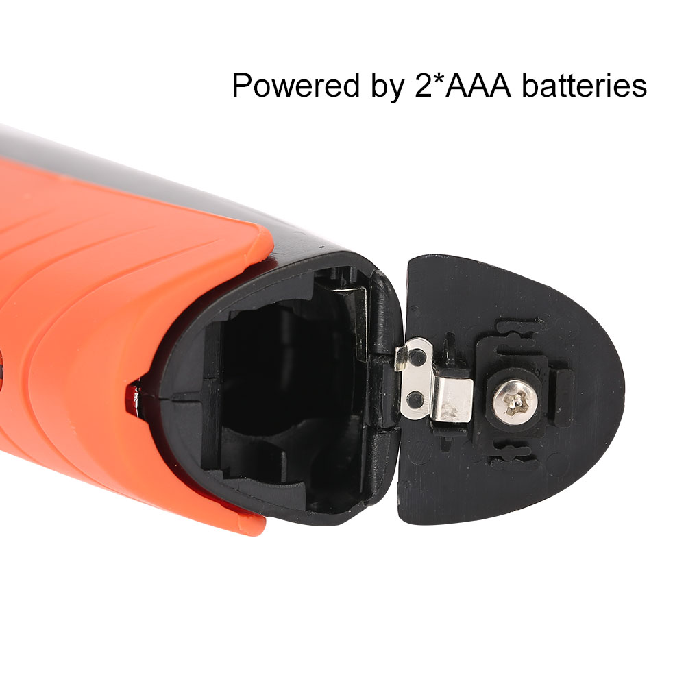 Offenes Batteriefach eines Geräts. Orange und schwarze Farben. Text: Stromversorgung durch 2*AAA Batterien.