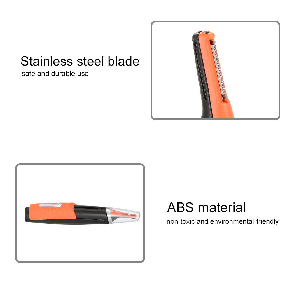 Das Bild zeigt eine Edelstahlklinge und ein Produkt aus ABS-Material. Die Klinge ist orange und schwarz, mit Text, der ihre Eigenschaften beschreibt.