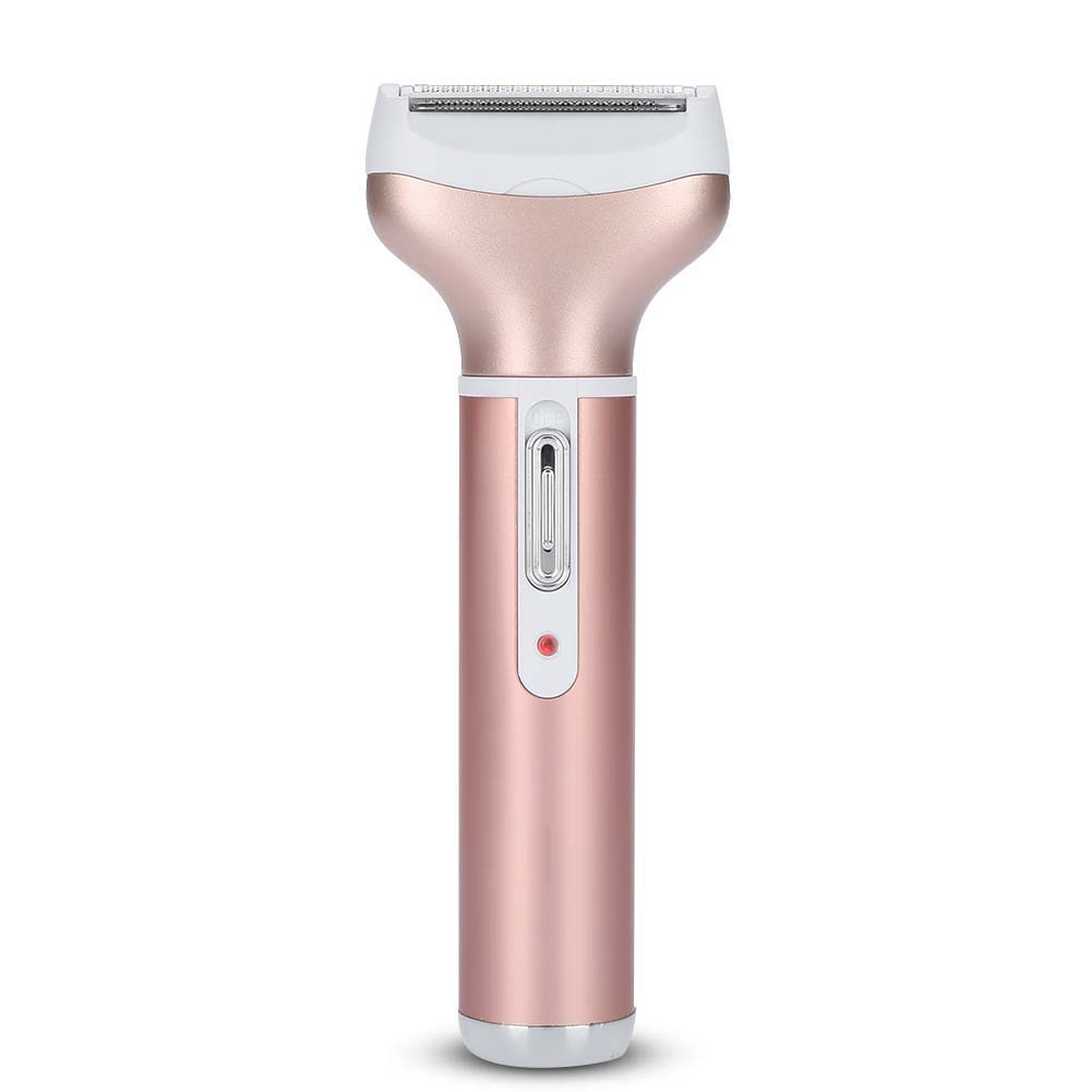 Ein roségoldfarbener Elektrorasierer mit weißem Oberteil. Er hat einen langen Griff mit Ein-/Aus-Taste und roter Kontrollleuchte.