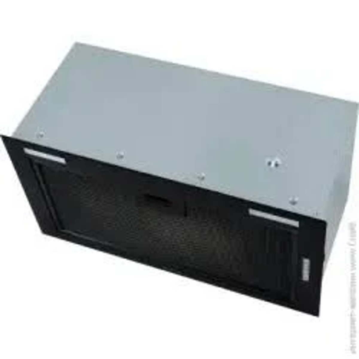 Prostokątny, czarno-szary okap. Przód ma czarną siatkę. Góra jest szara.