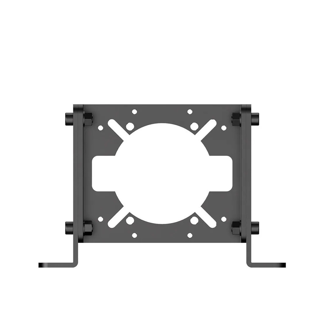 Un support métallique gris foncé avec un grand trou central, des boulons et des bras de montage sur fond blanc.