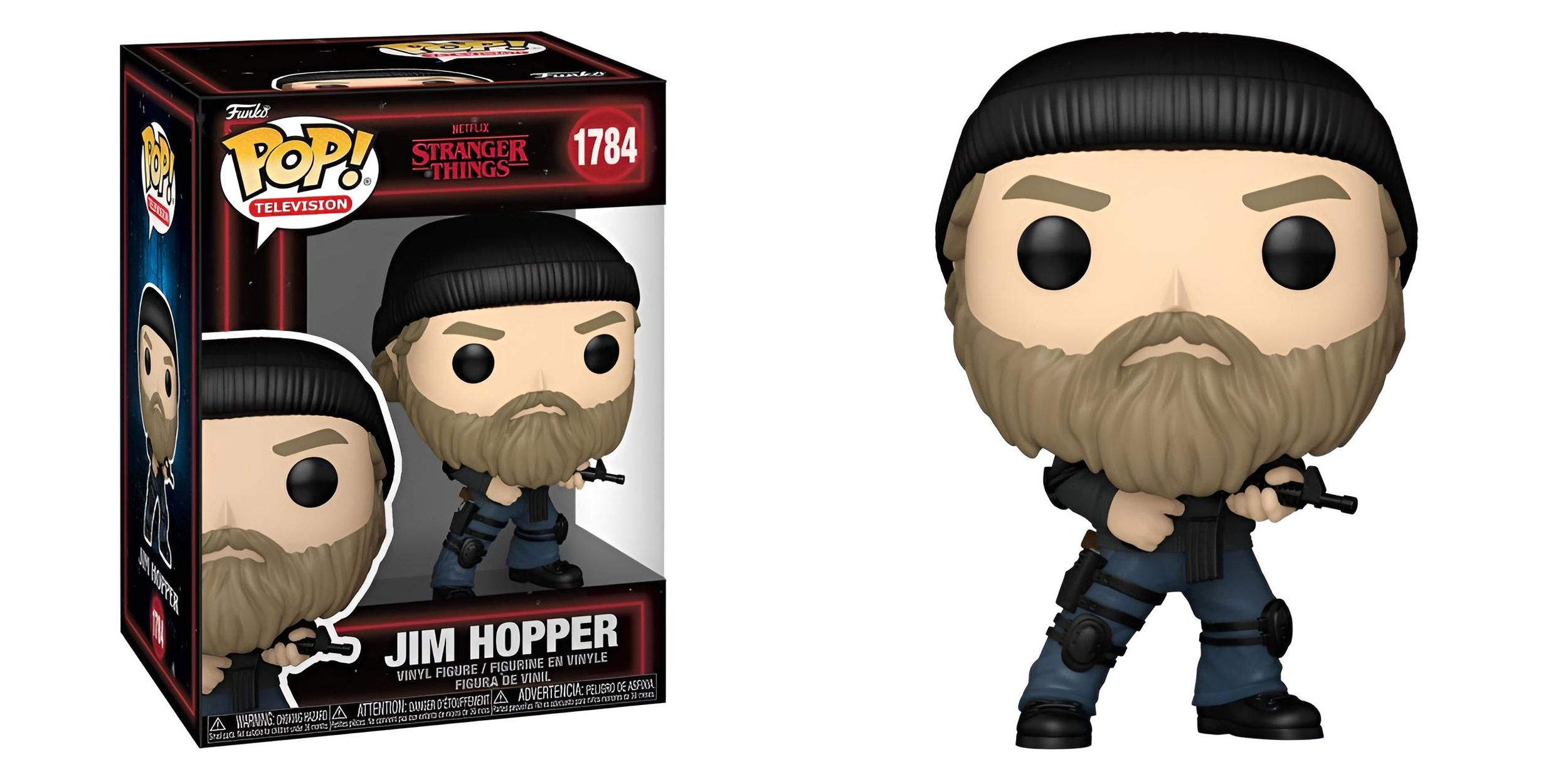 Funko Pop Figur von Jim Hopper aus Stranger Things, mit einer Waffe, schwarzer Mütze und blauen Hosen.