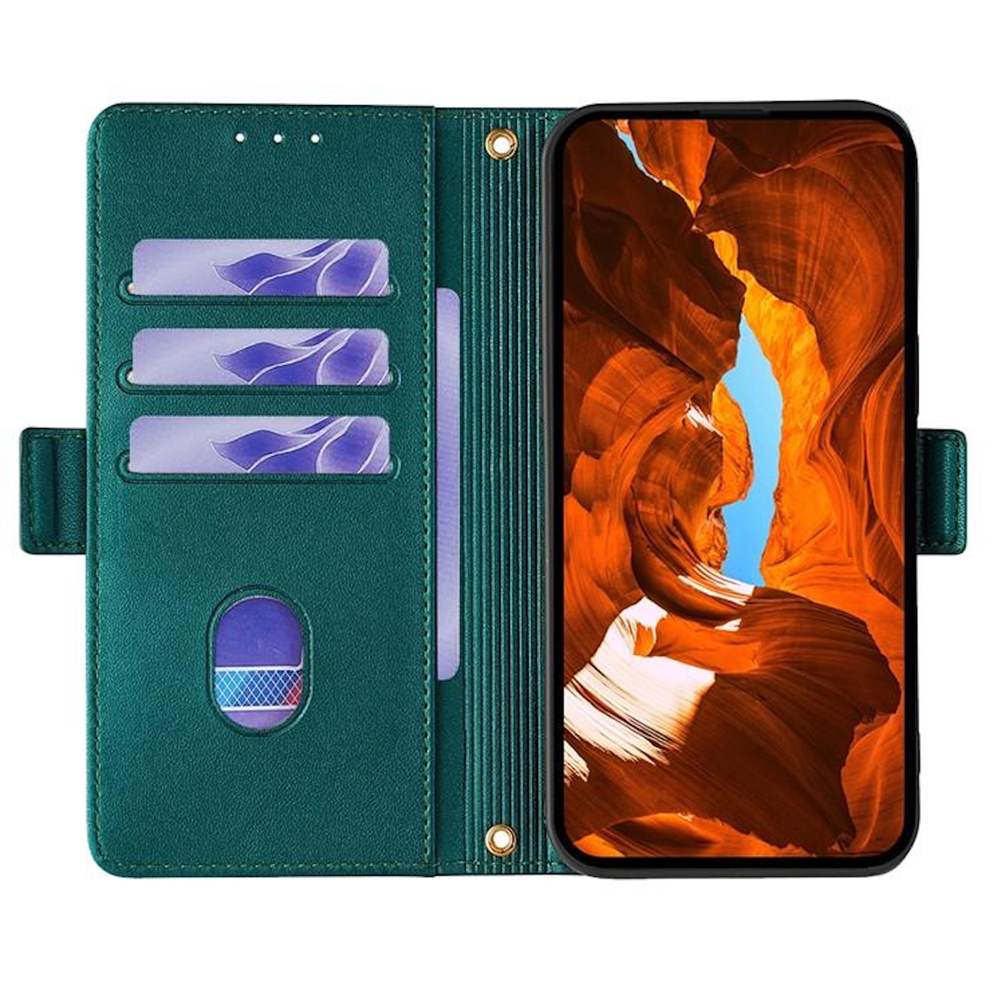 Eine grüne Handyhülle offen, mit einem Telefon, das eine Schluchtszene zeigt. Es hat Kartenfächer und einen Magnetverschluss.