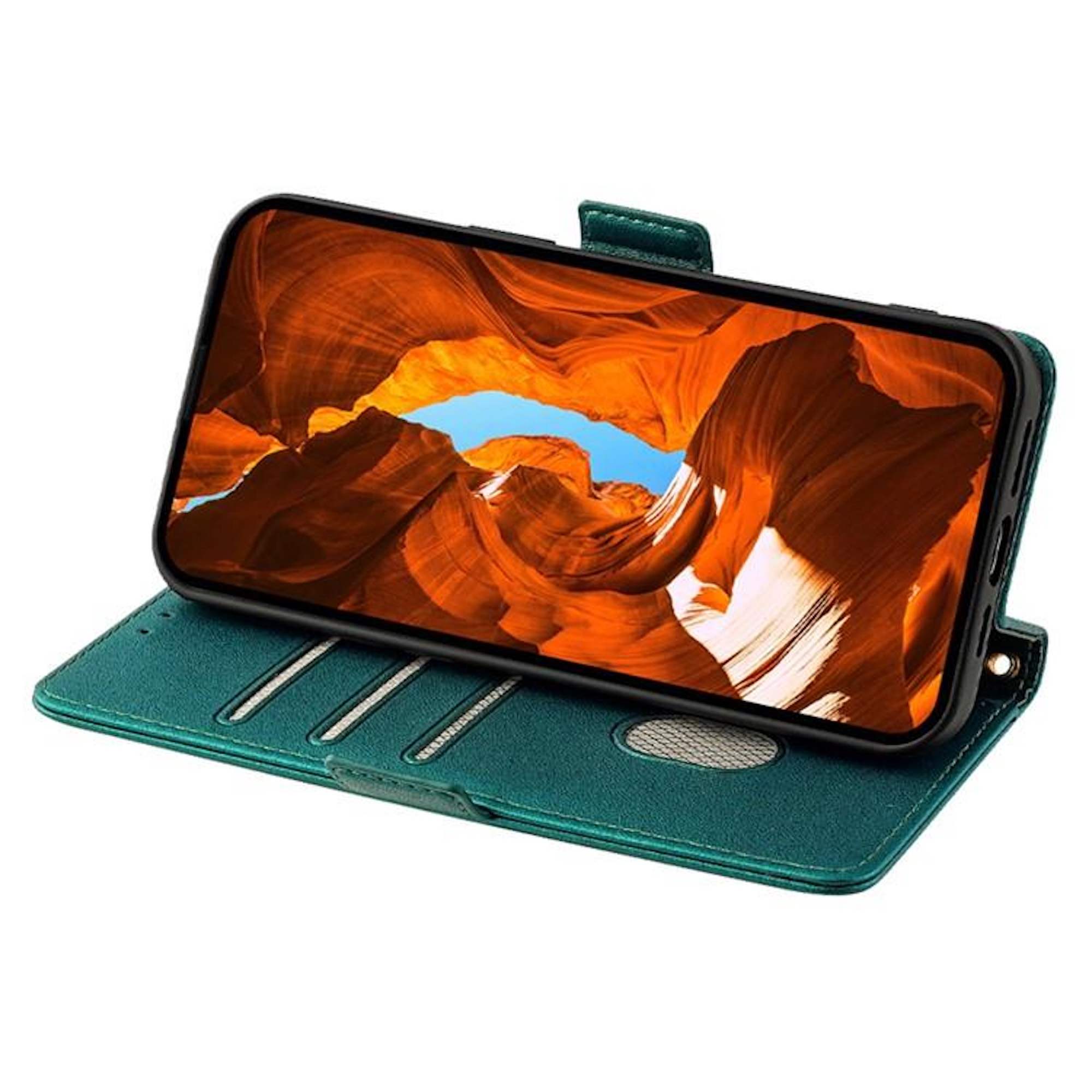 Telefon in grüner Hülle, zeigt eine orangefarbene Schluchtszene. Die Hülle ist geöffnet, mit Kartenfächern.