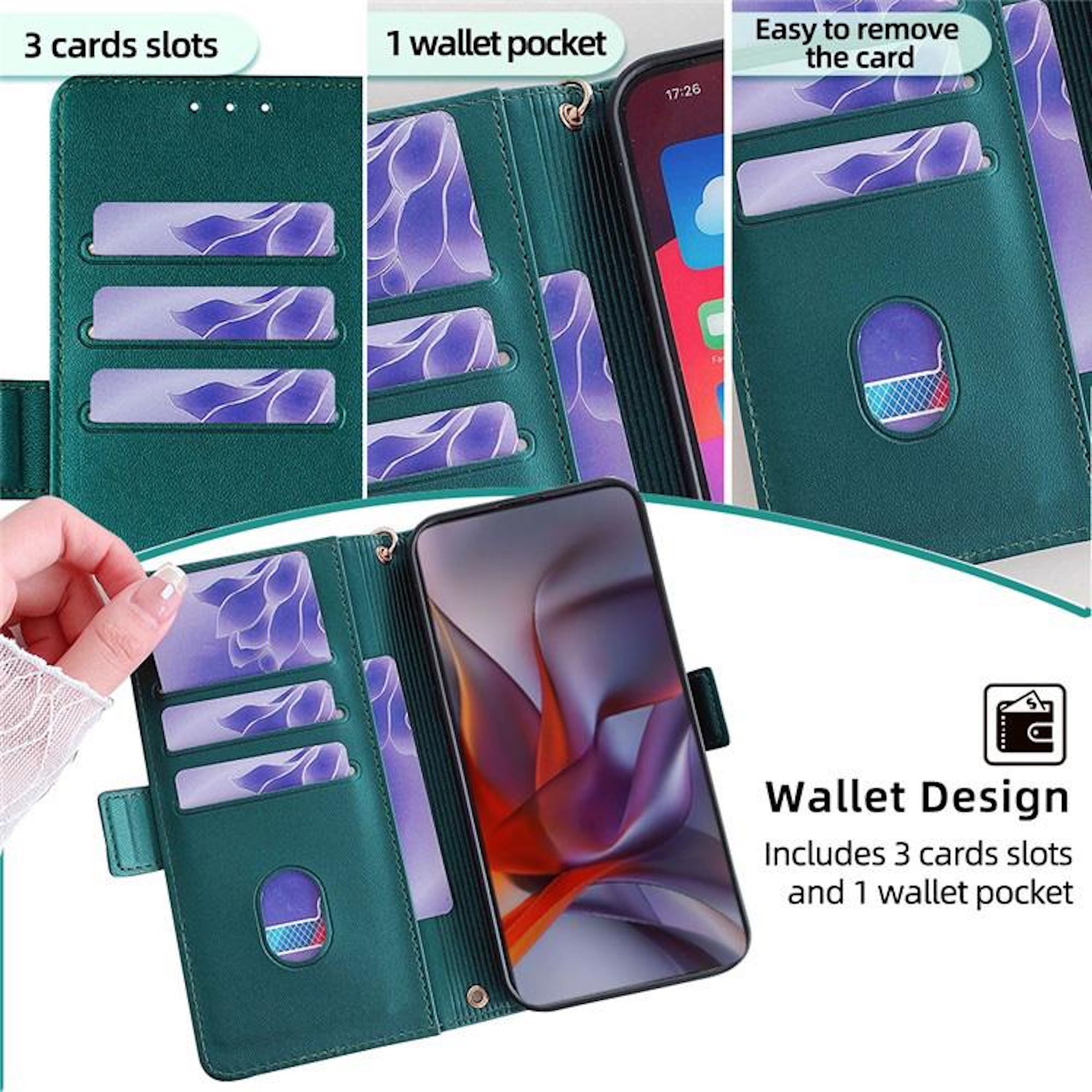 Eine grüne Brieftaschen-Handyhülle mit drei Kartenfächern, einer Geldbörsentasche und einem Telefon, das eine Benutzeroberfläche anzeigt. Es ist ein Brieftaschendesign.