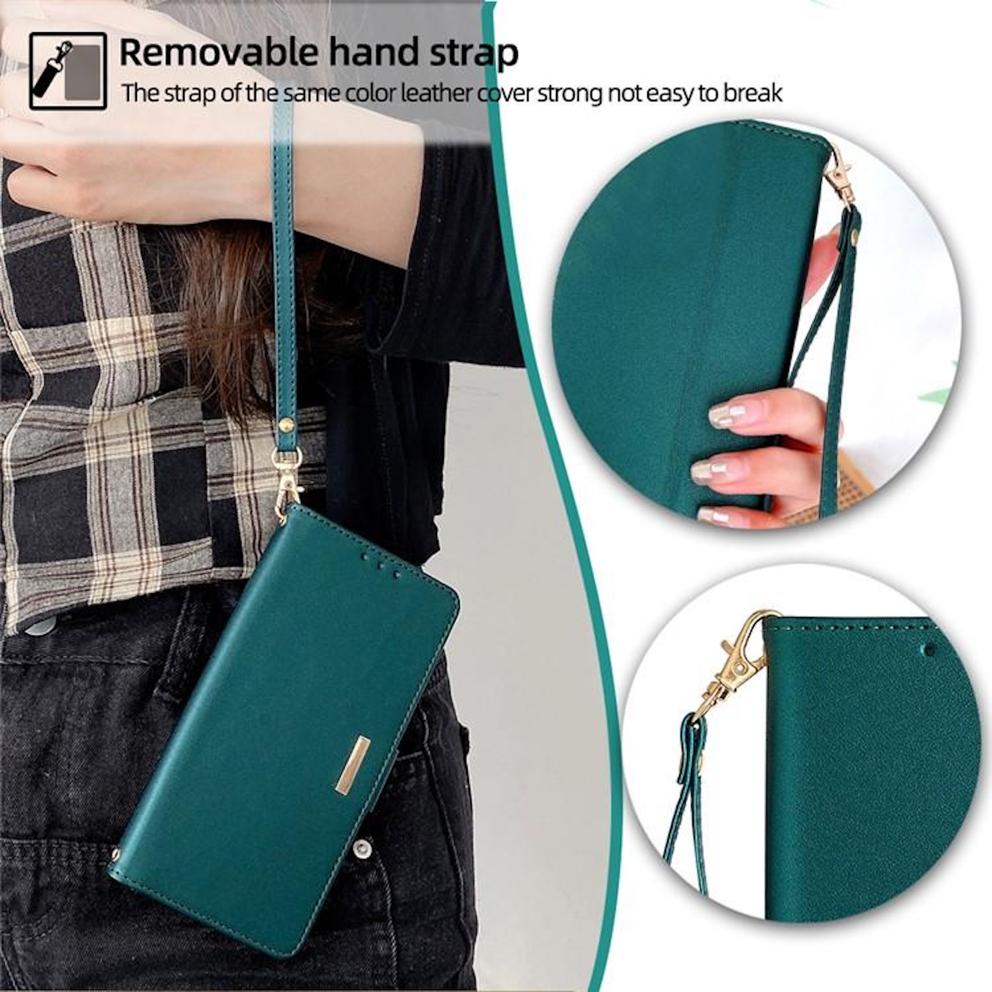 Eine teal Handyhülle mit goldenem Riemen. Der Handriemen ist abnehmbar. Der Hintergrund hat ein kariertes Hemd.