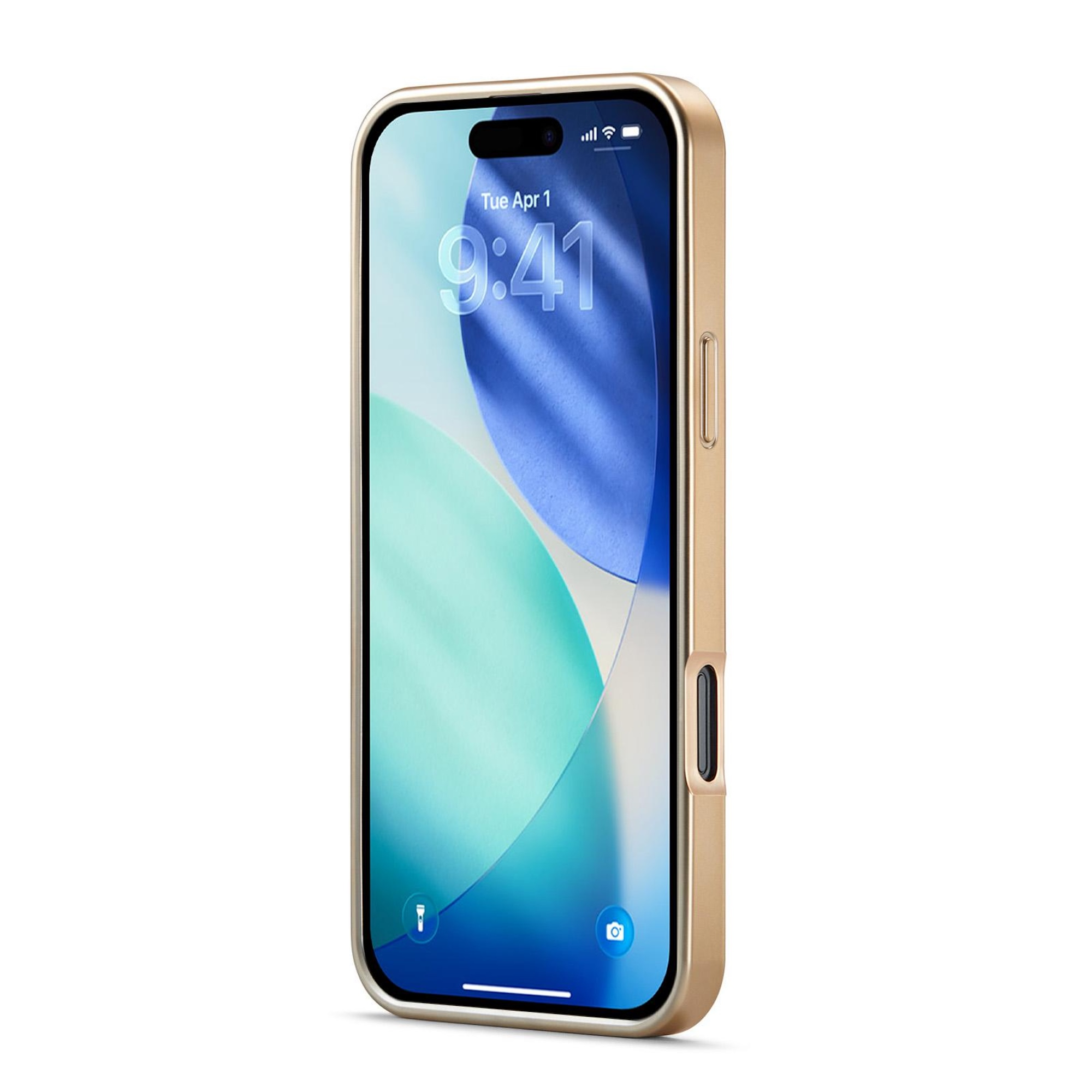 Goldenes iPhone in einer Hülle, das den Sperrbildschirm mit Datum und Uhrzeit auf weißem Hintergrund zeigt.