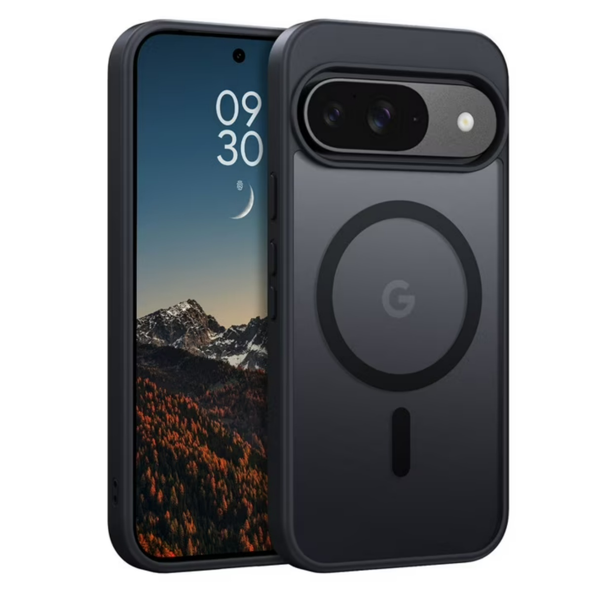 Eine schwarze Handyhülle mit einem Handy darin. Das Telefon zeigt eine Berglandschaft und das Datum. Die Hülle hat ein kreisförmiges Design.