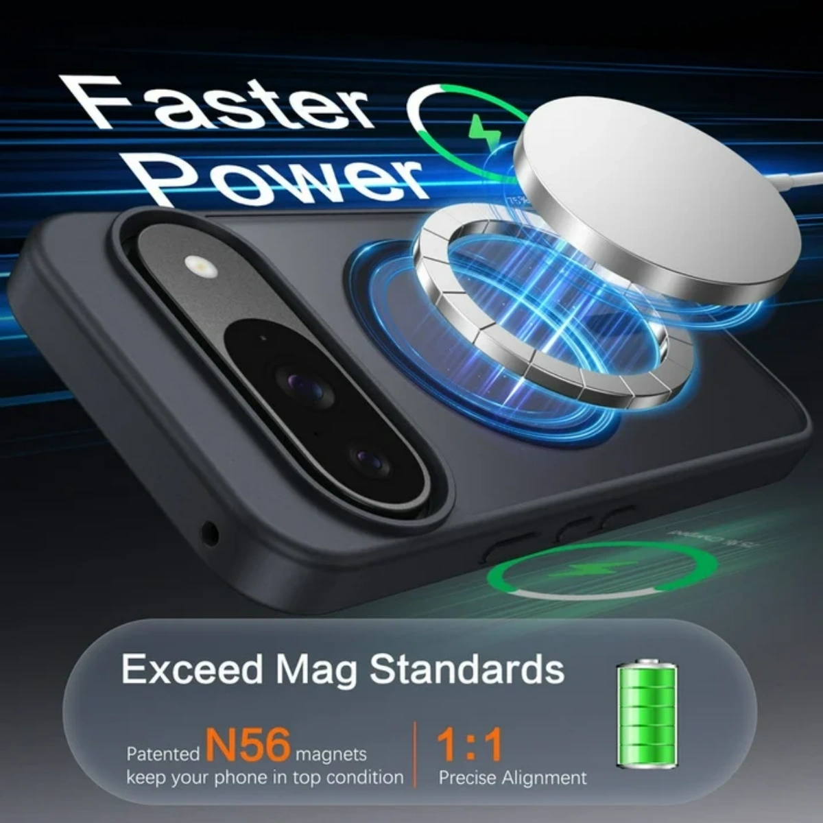 Eine Handyhülle mit Magnetladegerät. Text: Schnellere Leistung, Exceed Mag Standards, N56-Magnete, 1:1-Ausrichtung und ein Akkusymbol.