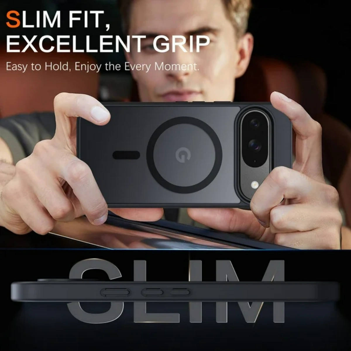 Ein Mann hält eine schwarze Handyhülle mit rundem Design. Text oben: SLIM FIT, EXCELLENT GRIP. Die Hülle ist detailliert.