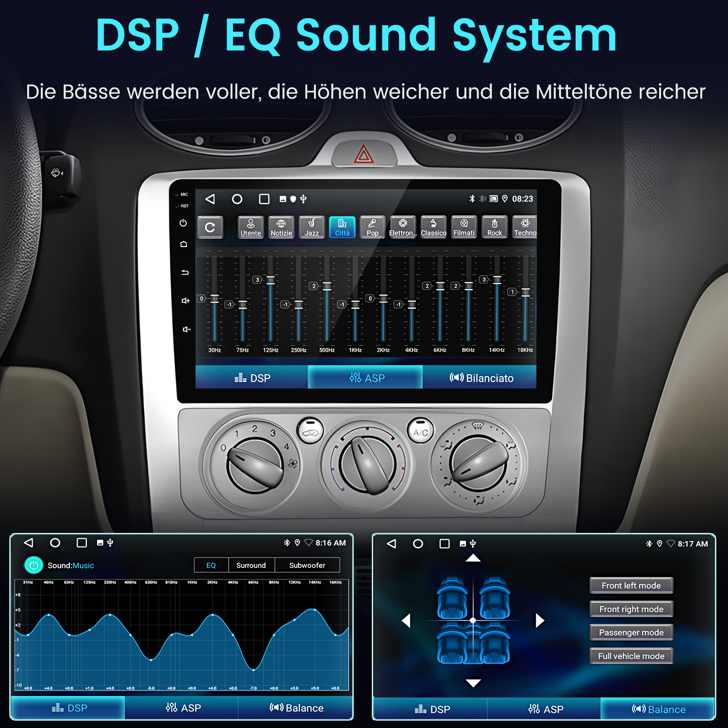 Auto-Audiosystem-Oberfläche mit EQ-Einstellungen, Tasten und Schiebereglern zur Klanganpassung. Hintergrund zeigt den Innenraum.