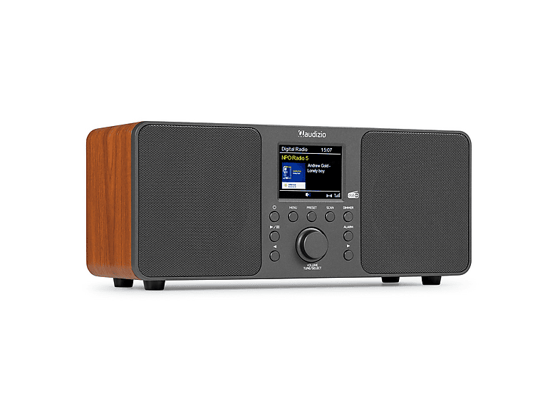 Audizio Genua Radio DAB+ Bluetooth 5.0 Noyer - Écran Couleur 2,8", Haut-Parleurs Stéréo, Réveil, Télécommande, USB Et Casque