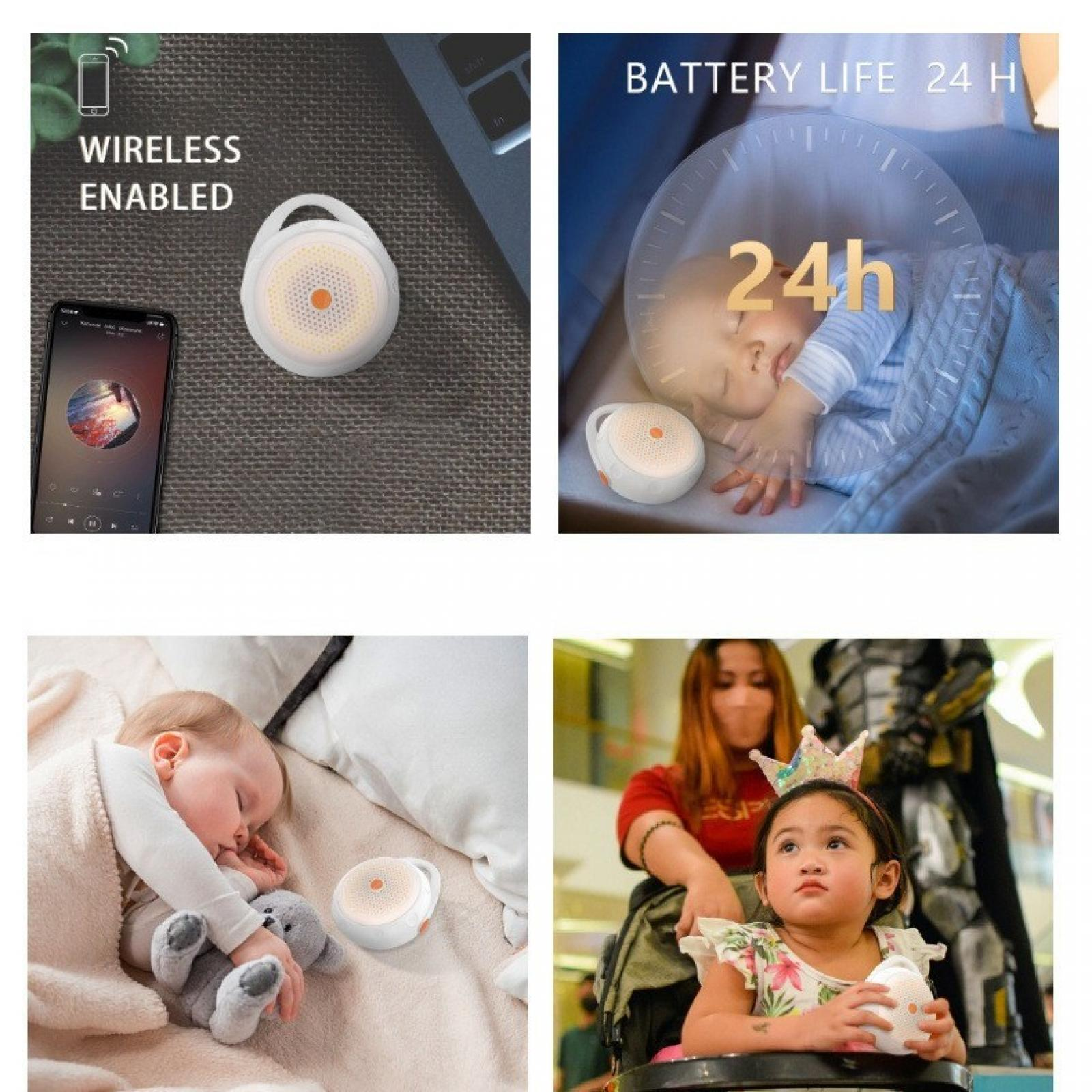 Das Bild zeigt einen kabellosen Lautsprecher, ein Telefon, das Musik anzeigt, und ein schlafendes Baby. Es enthält auch Text, der eine 24-Stunden-Akkulaufzeit angibt.
