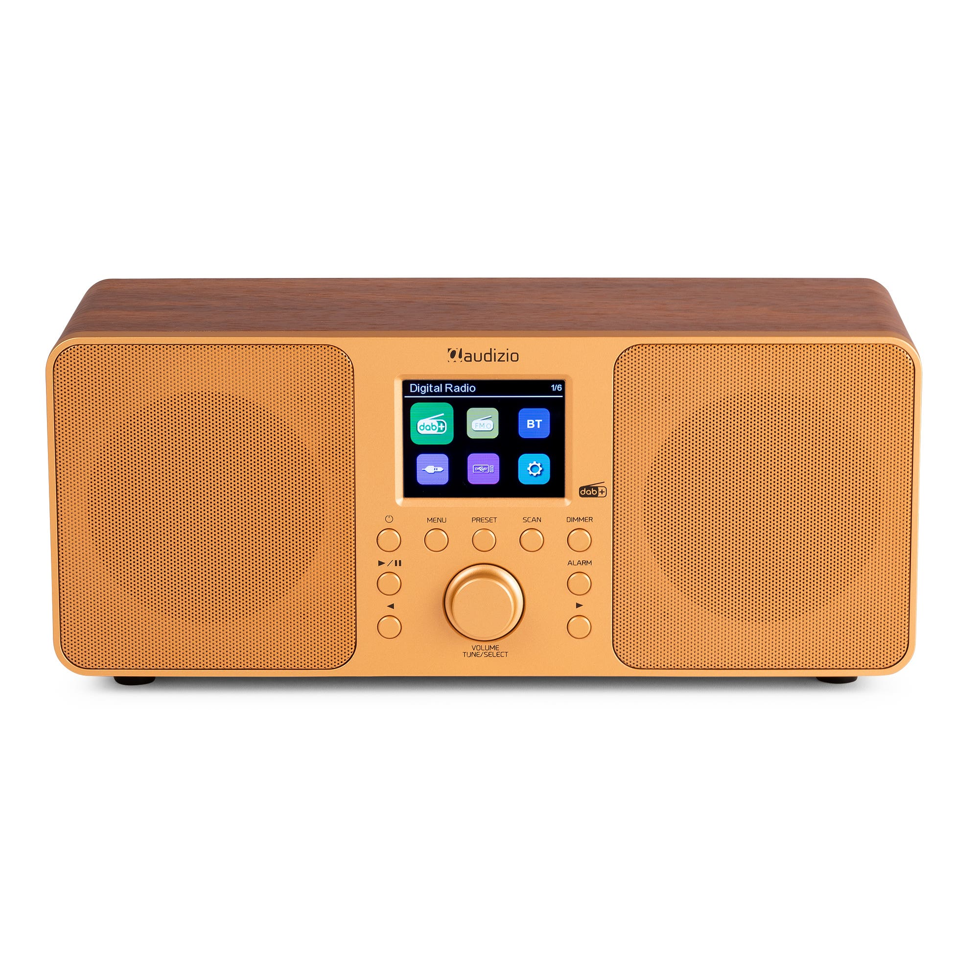 Una radio digital con tapa de madera marrón y frontal naranja, con pantalla y botones de control.