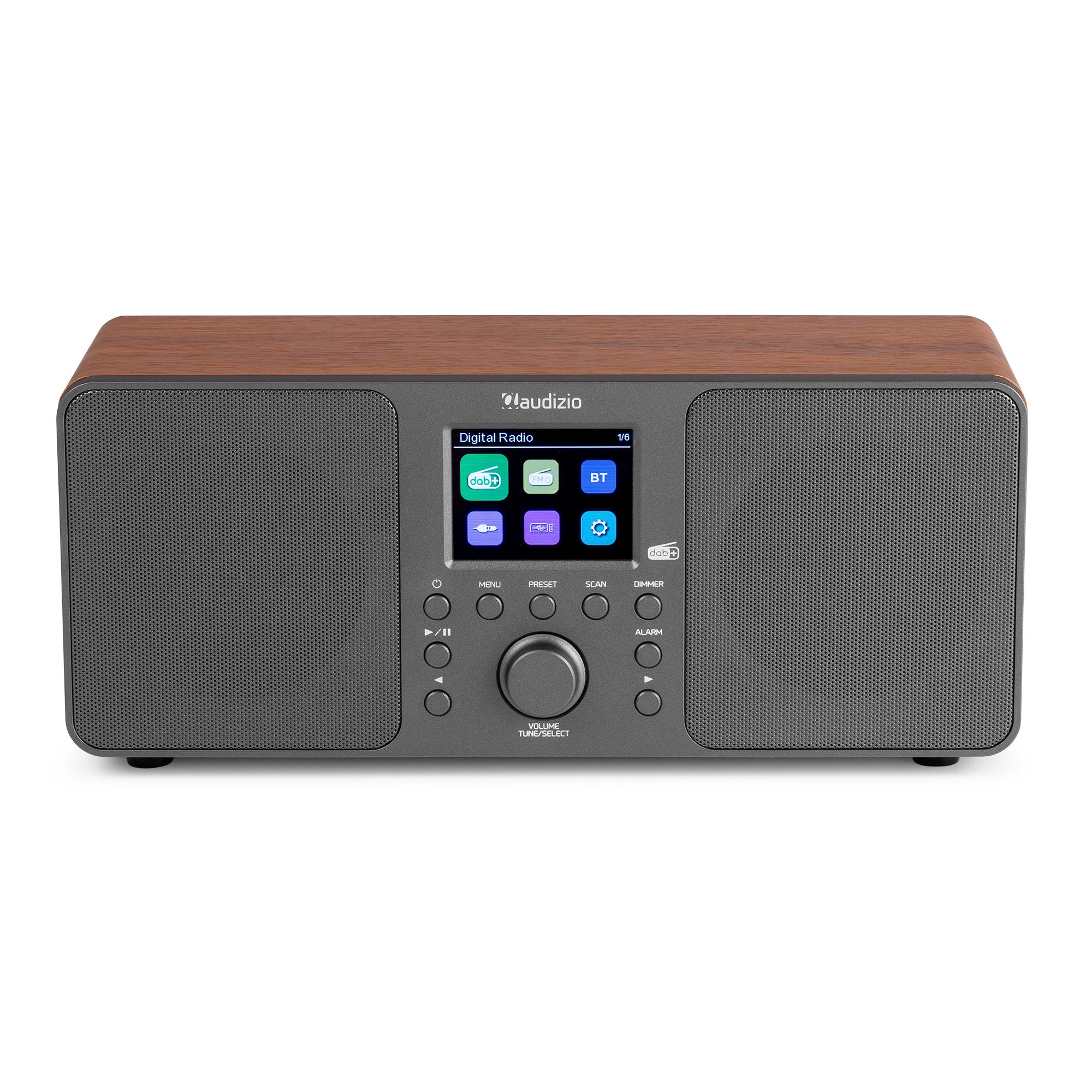 Una radio digital con tapa de madera marrón, frente gris, pantalla y botones de control.