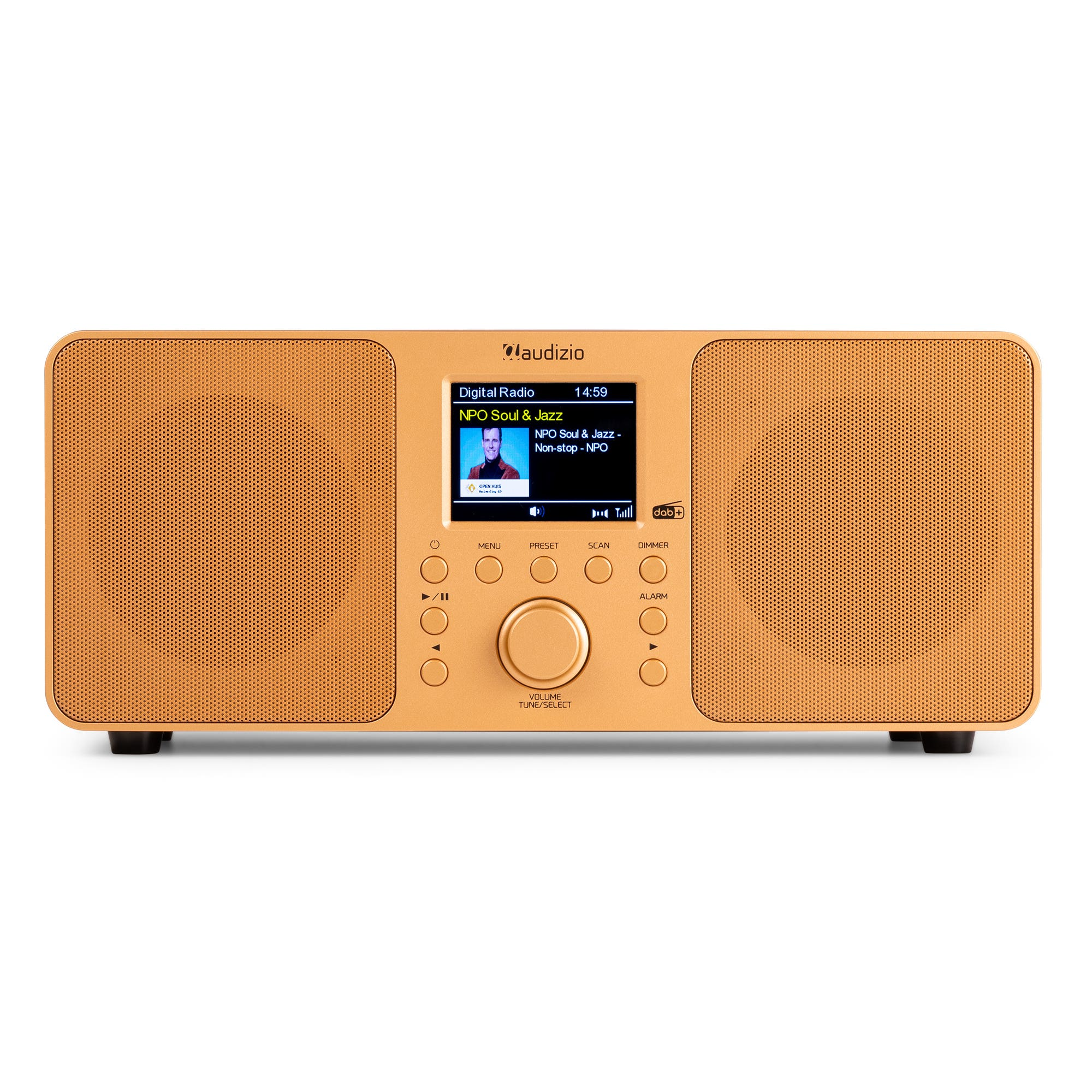 Una radio digital naranja con pantalla que muestra información. Se ven botones de control.
