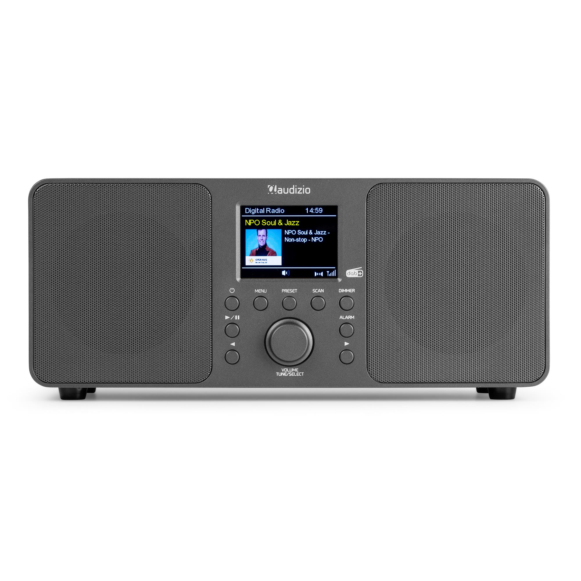 Una radio digital gris oscuro con pantalla que muestra información musical y controles.
