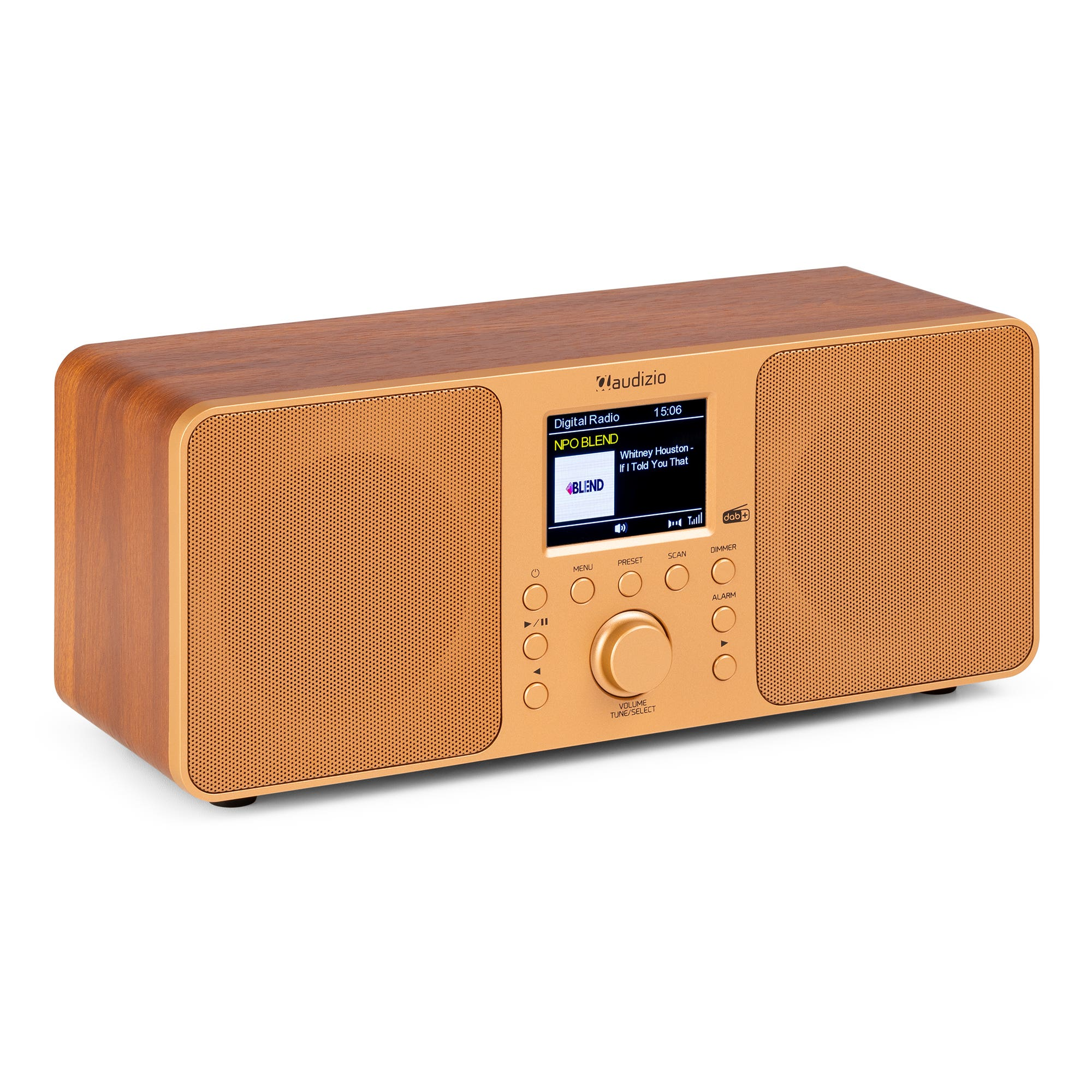 Una radio digital de estilo madera con una pantalla que muestra información y controles de radio.
