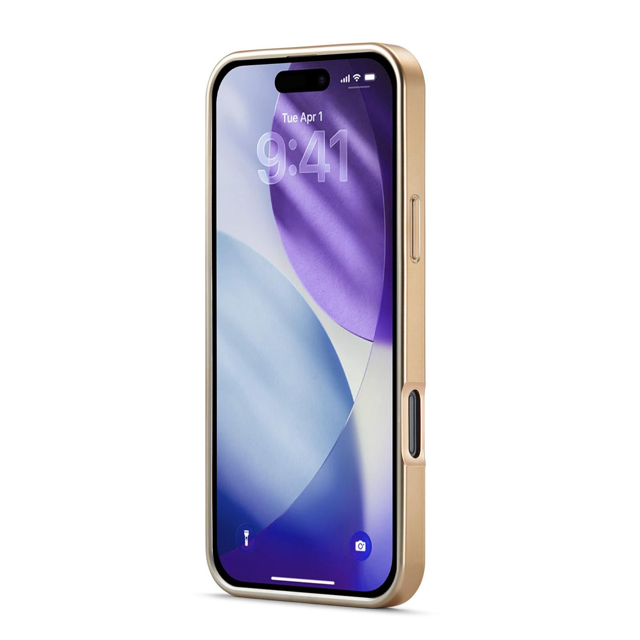 Goldenes iPhone in einer Hülle, Bildschirm zeigt Uhrzeit und Datum: Di 1. April, 9:41. Weißer Hintergrund.