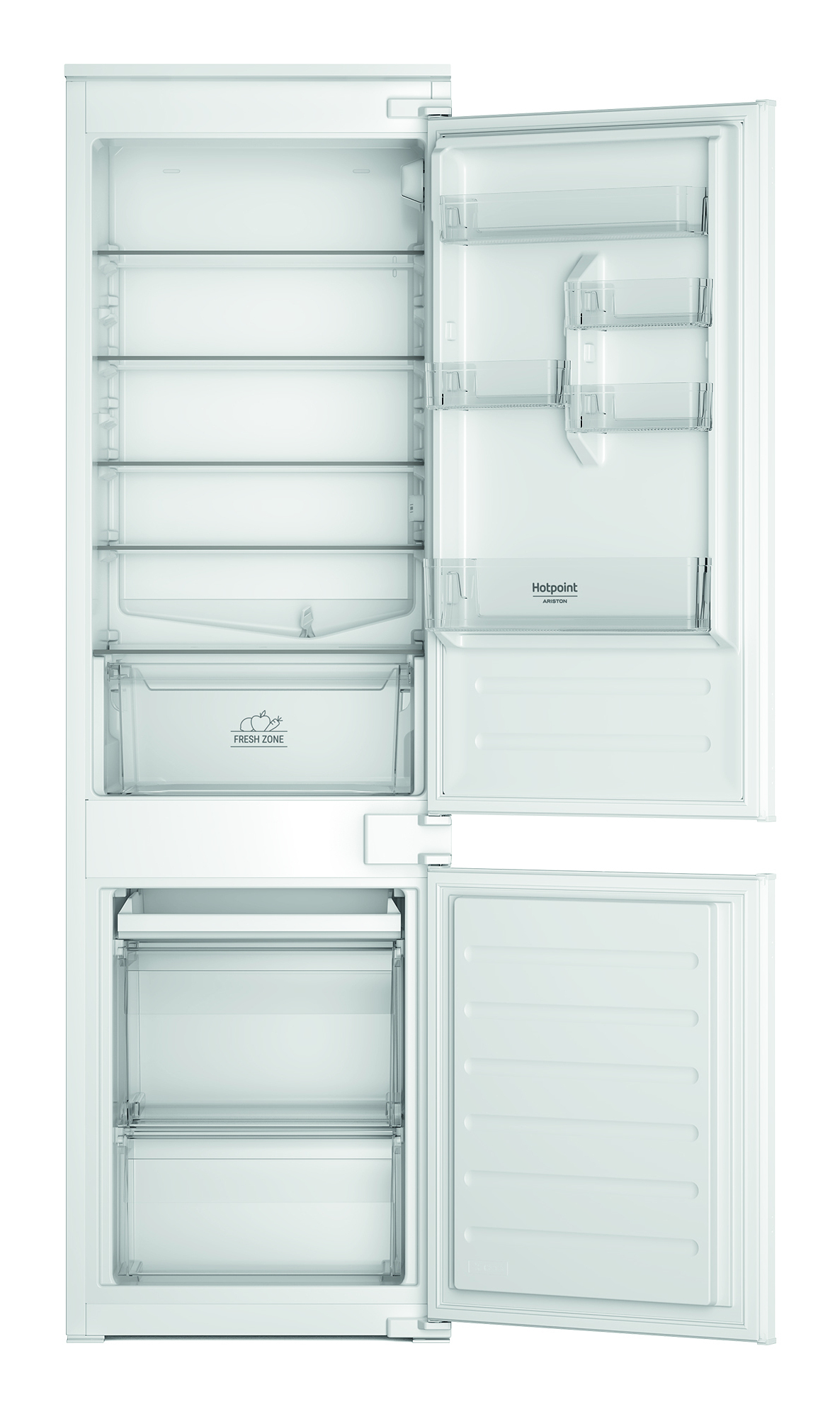Un frigorifero bianco è aperto, mostrando ripiani, cassetti e il marchio Hotpoint. Una porta è completamente aperta.