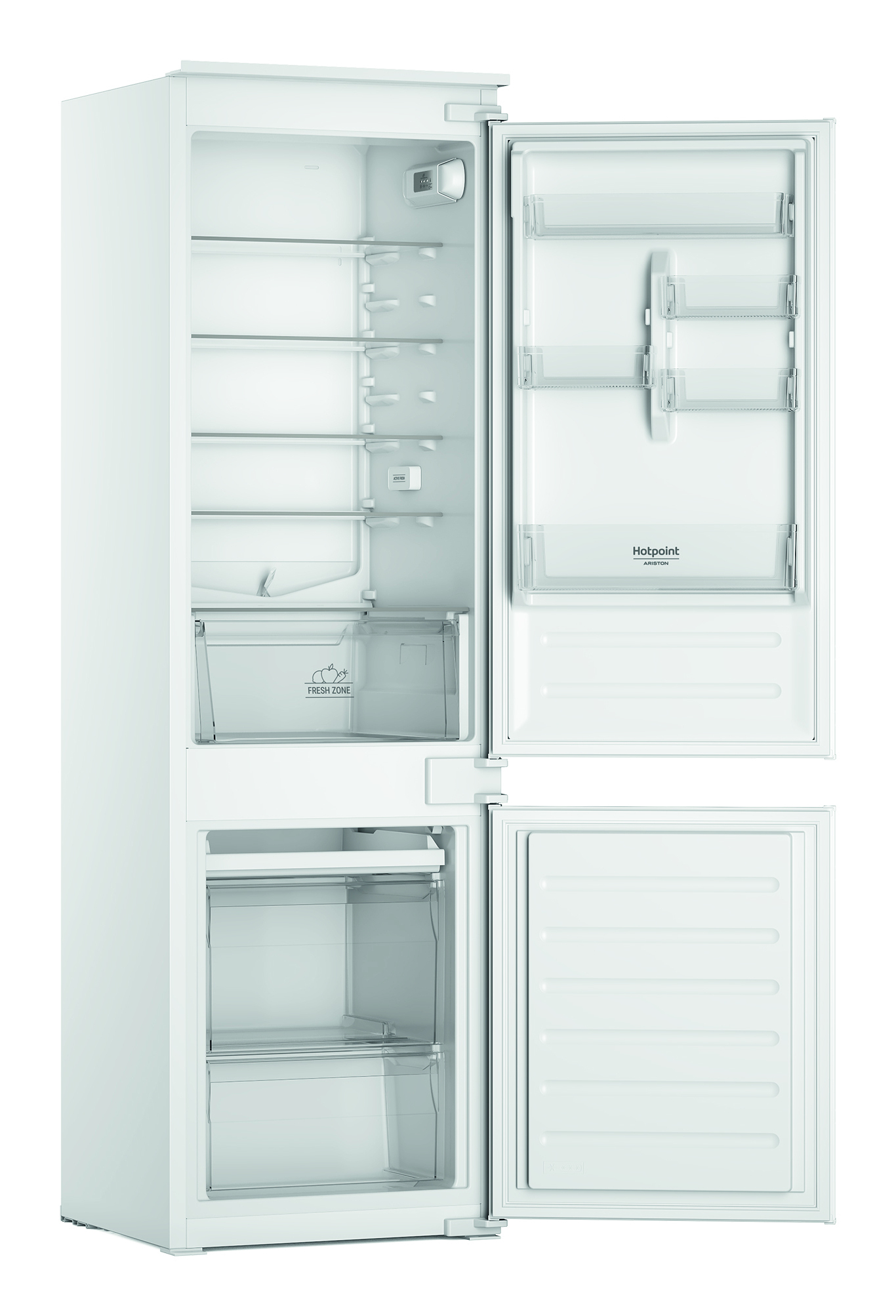 Un frigorifero bianco con porte aperte. Sono visibili ripiani e cassetti interni, insieme alle etichette 'Fresh Zone' e 'Hotpoint'.