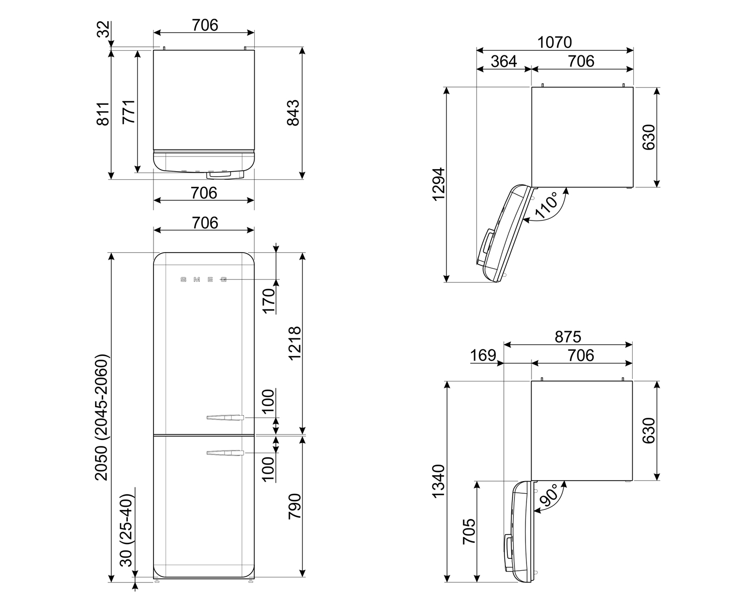 Dibujos técnicos de electrodomésticos, mostrando dimensiones en mm. Incluye vistas de un refrigerador con medidas y ángulos.