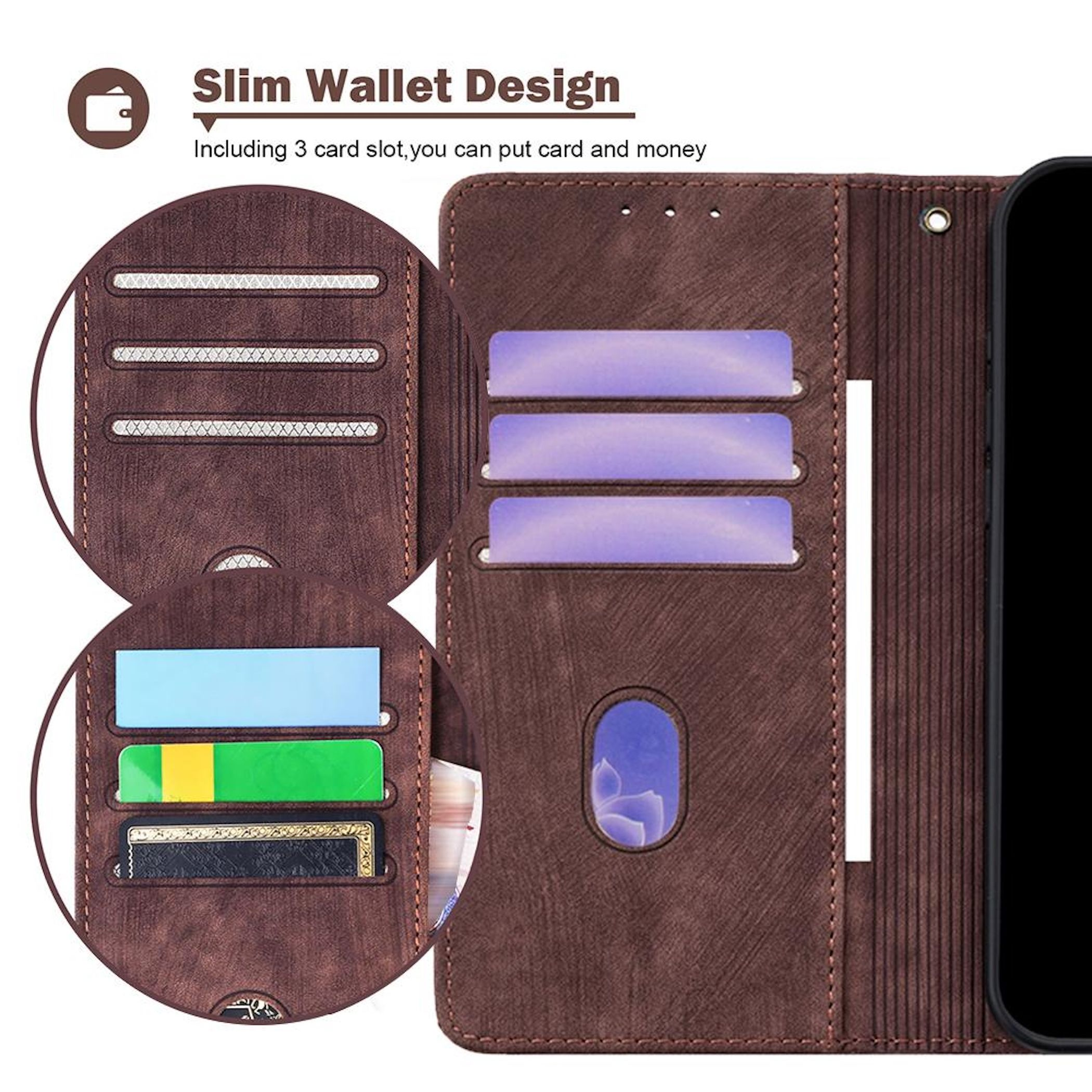 Diseño de cartera marrón con ranuras para tarjetas. Incluye tarjetas azules, verdes y negras. Un teléfono es visible a la derecha.