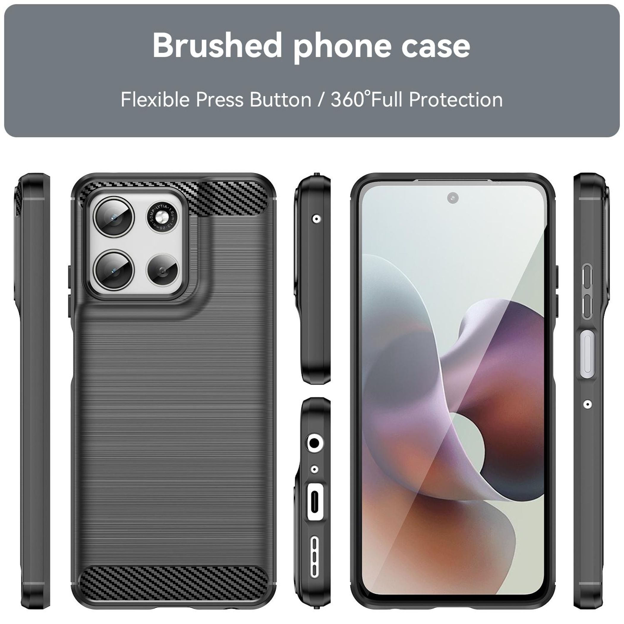 Das Bild zeigt eine schwarze Handyhülle mit gebürsteter Textur, verschiedene Winkel und Text: 'Brushed phone case'.