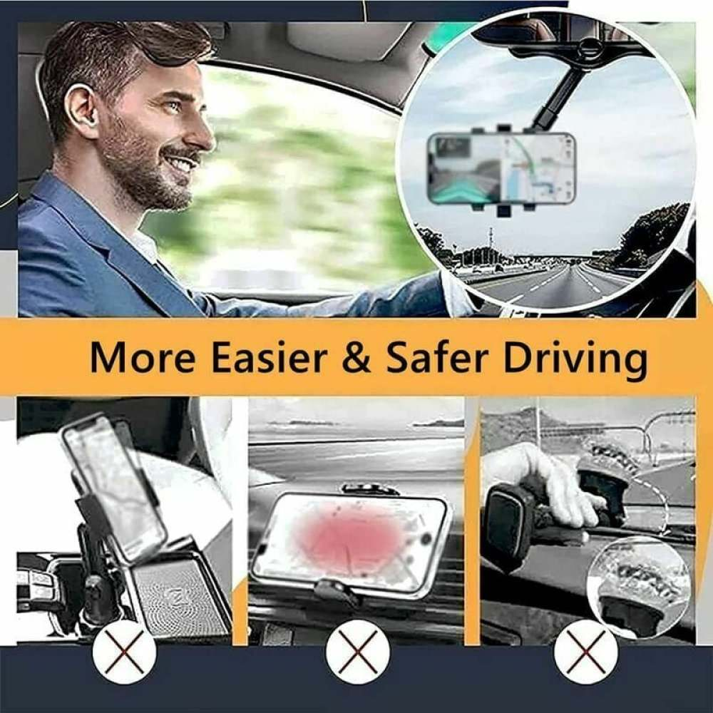 Ein Mann fährt Auto, Telefon zeigt Navigation. Zusätzliche Bilder zeigen Telefonhalterungen. Text sagt 'Einfacher & Sicherer Fahren'.