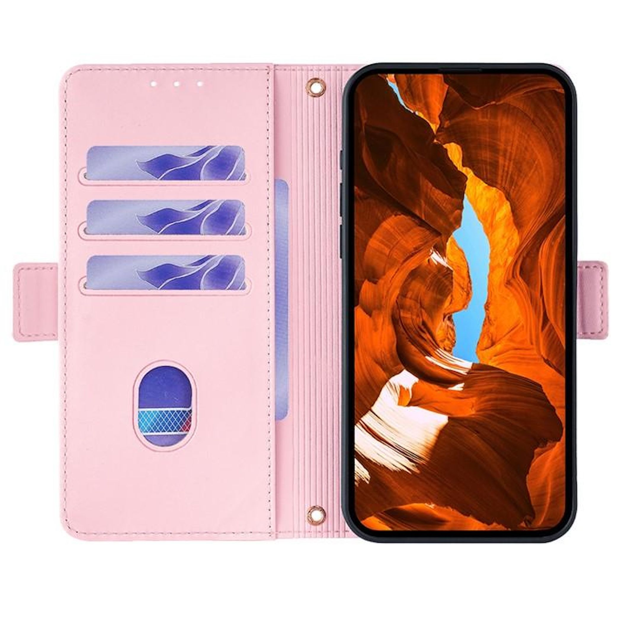 Funda rosa para teléfono con ranuras para tarjetas. El teléfono muestra un cañón naranja. La funda está abierta.