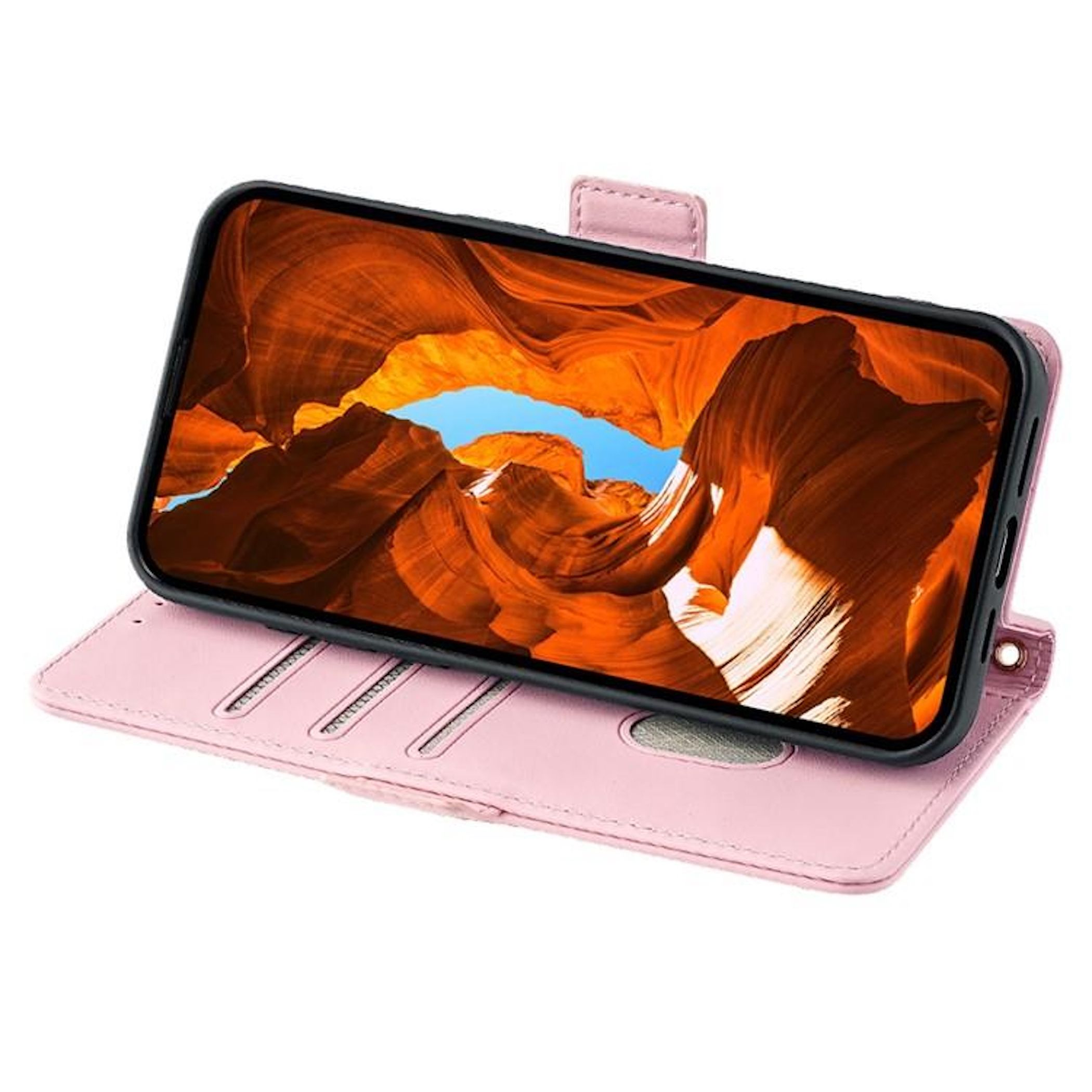 Un teléfono en una funda rosa muestra una escena de cañón. La funda está abierta, mostrando el teléfono y ranuras para tarjetas.
