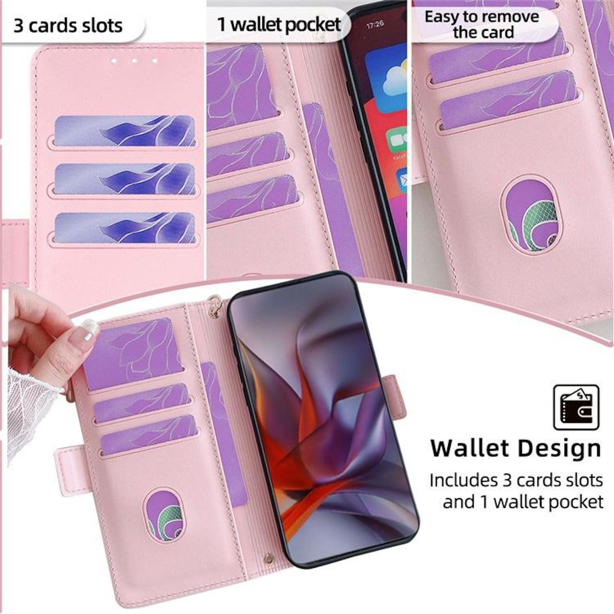 Funda de cartera rosa con teléfono. Tiene 3 ranuras para tarjetas y un bolsillo para billetera. La pantalla del teléfono muestra una interfaz.