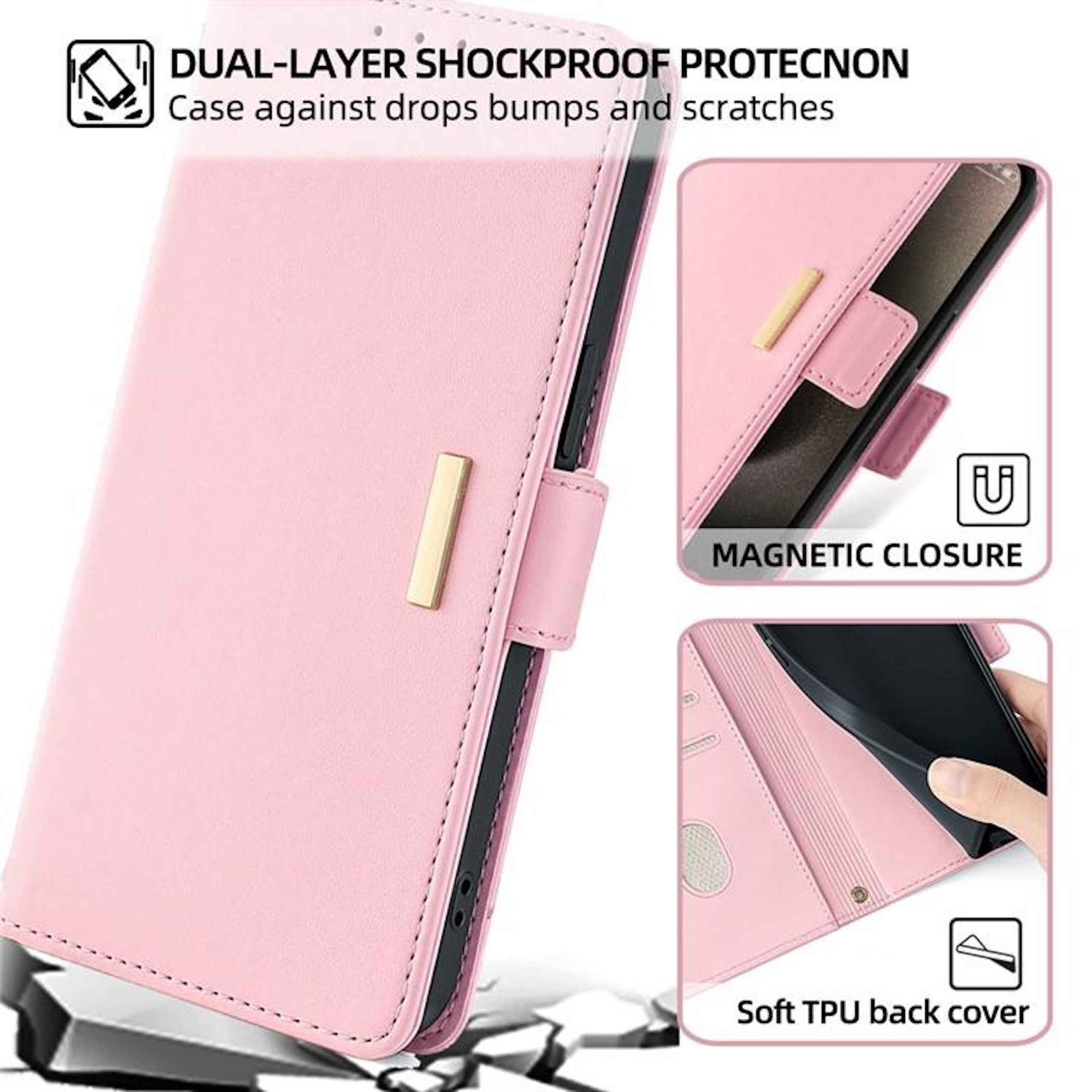 Funda de teléfono rosa con detalles dorados. Incluye cierre magnético y cubierta trasera de TPU suave.