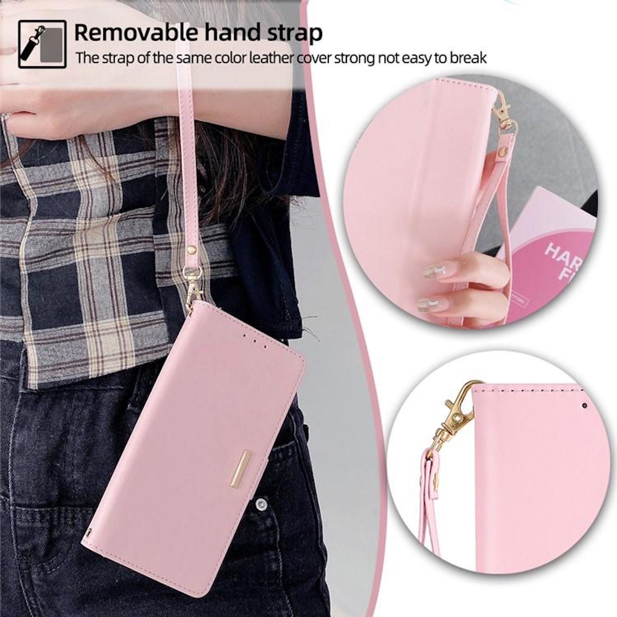 Se sostiene una funda de teléfono de cuero rosa con una correa desmontable. La imagen incluye primeros planos de la funda y la correa.
