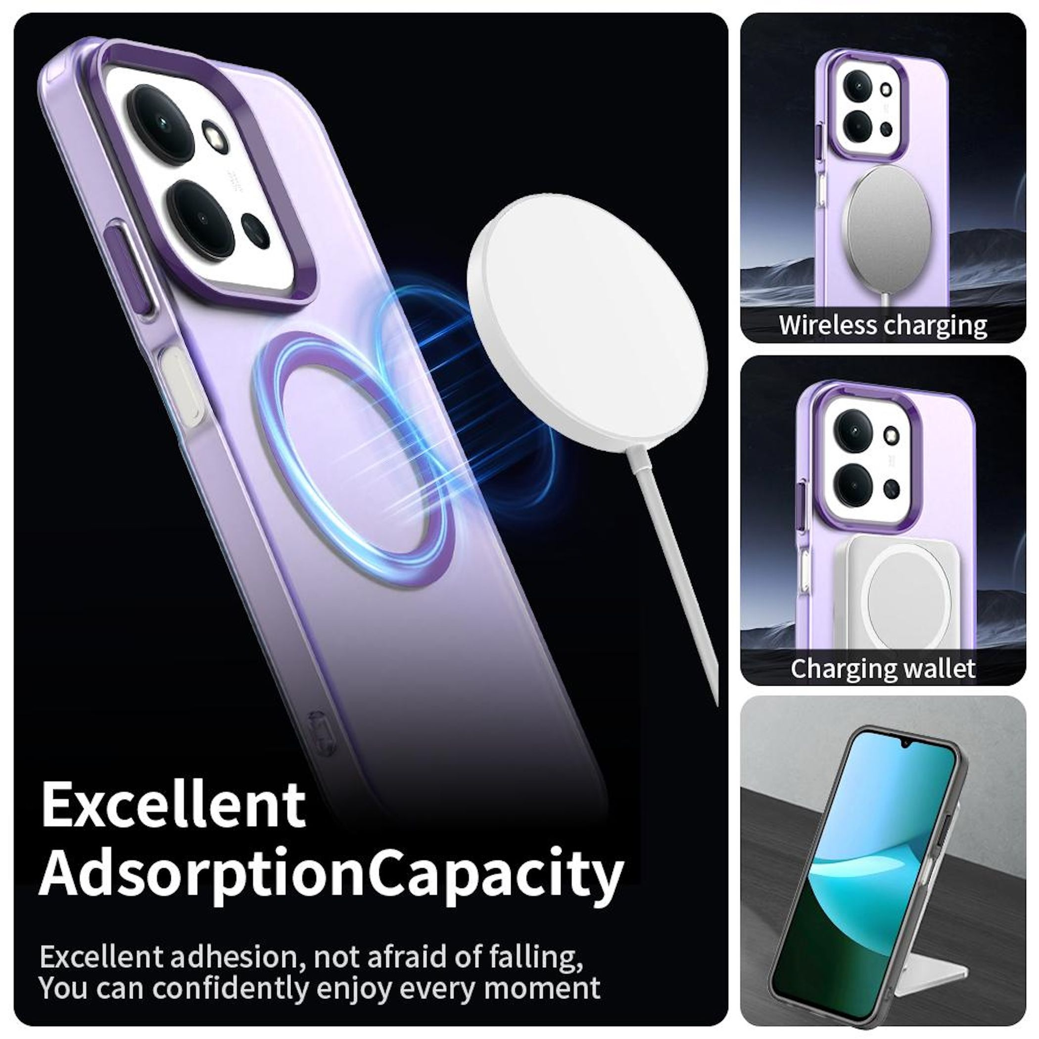 Se muestra una funda de teléfono y un cargador. La funda es morada. El cargador es blanco. El texto dice 'Excellent Adsorption Capacity'.