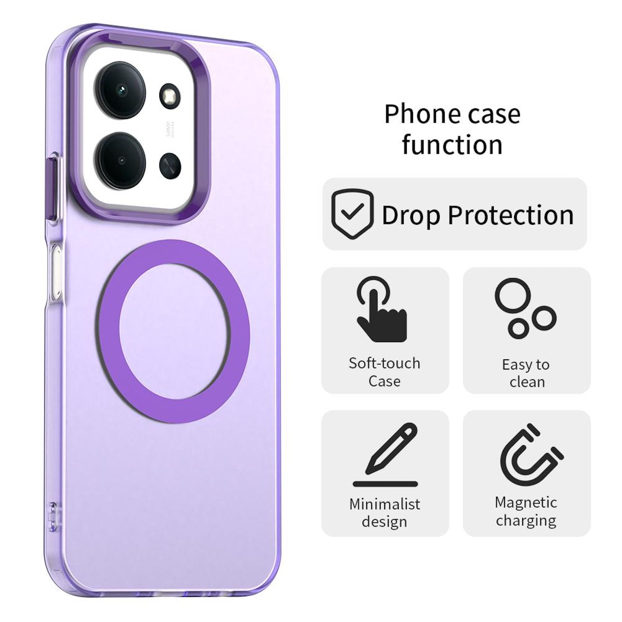 Una funda de teléfono con un anillo morado. Características: protección contra caídas, tacto suave, fácil de limpiar, diseño minimalista, carga magnética.