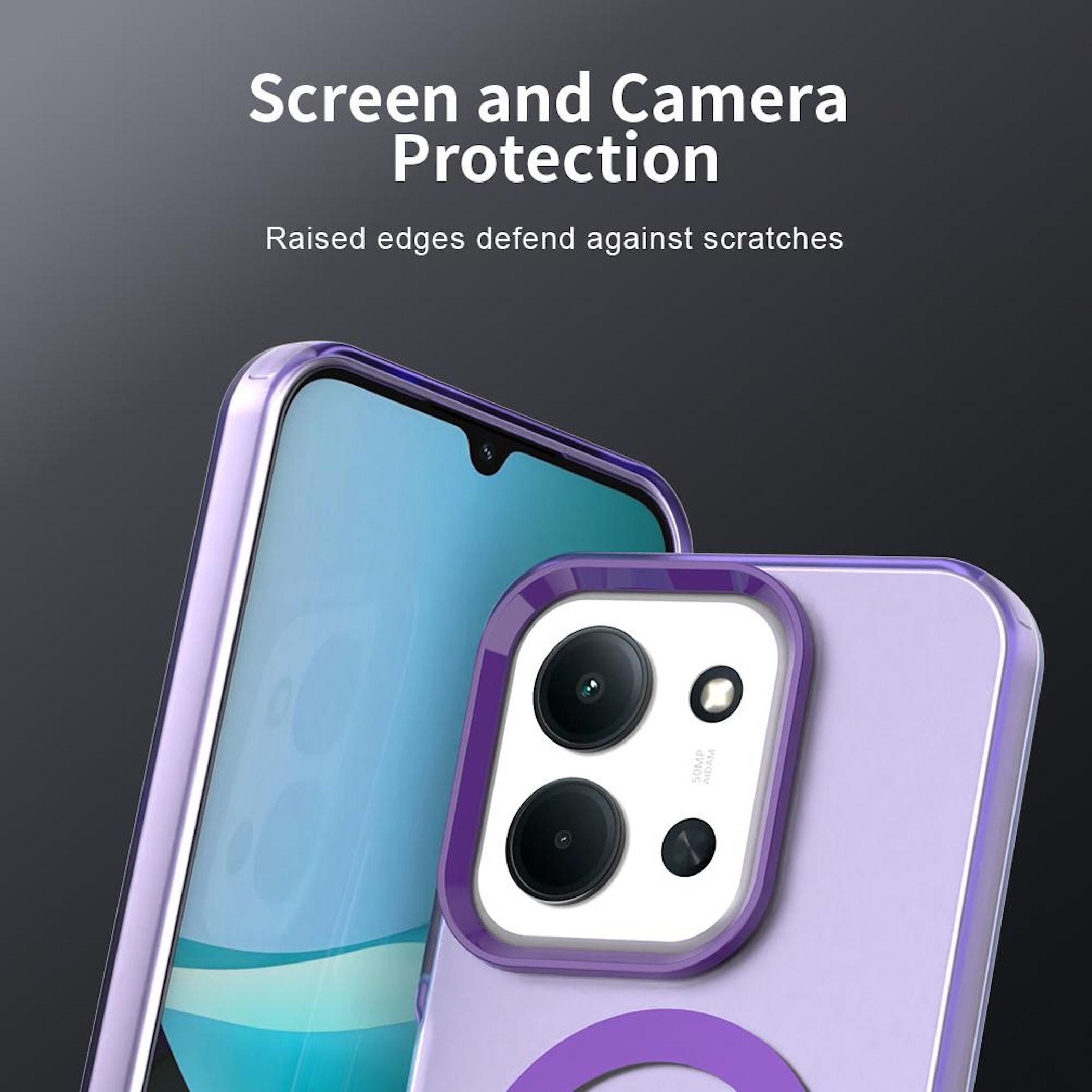Un teléfono con una funda protectora. La funda es morada. La pantalla es visible, junto con la cámara.