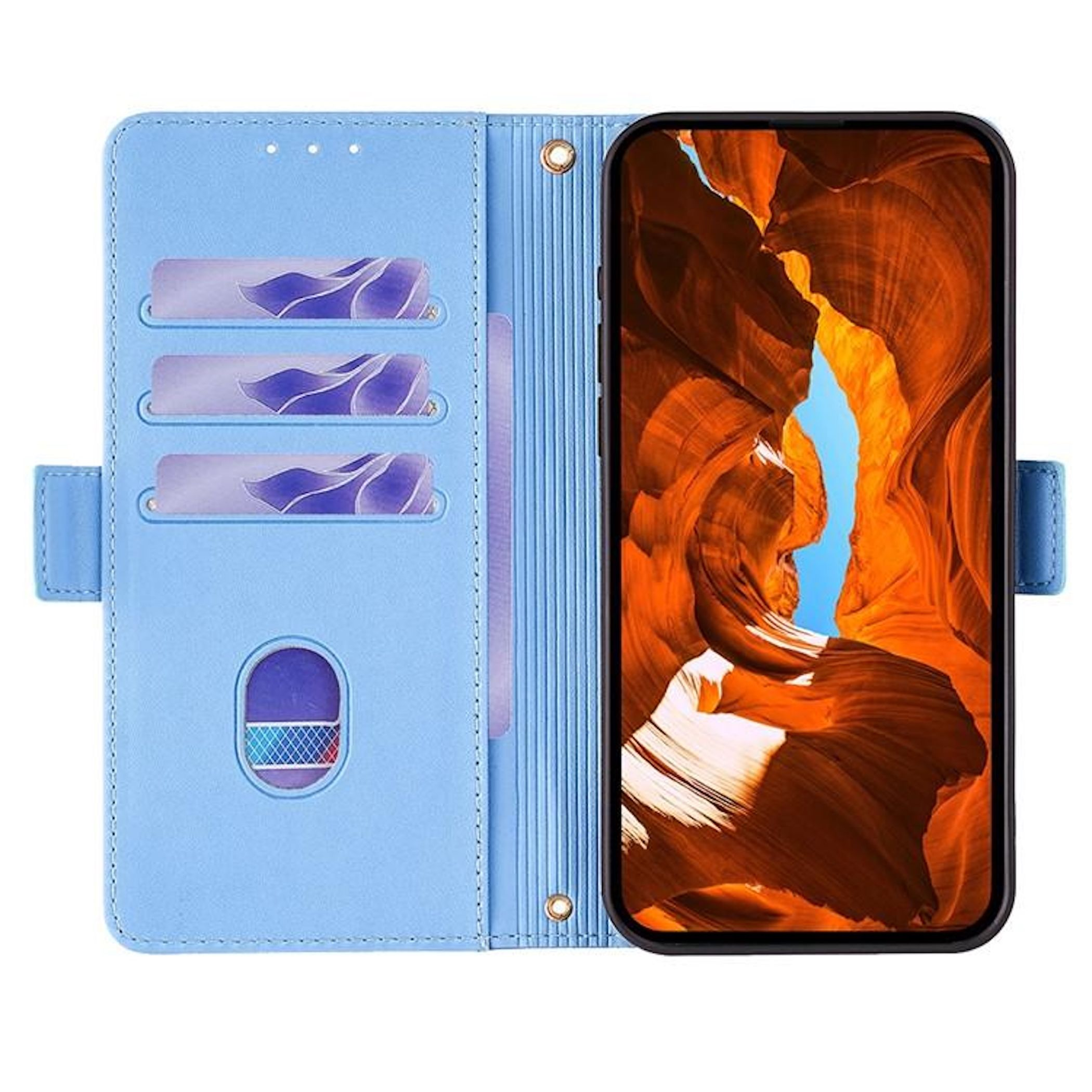 Blaue Handyhülle mit einem Handy, das einen orangefarbenen Canyon zeigt. Die Hülle hat Kartenfächer. Das Telefon ist schwarz.