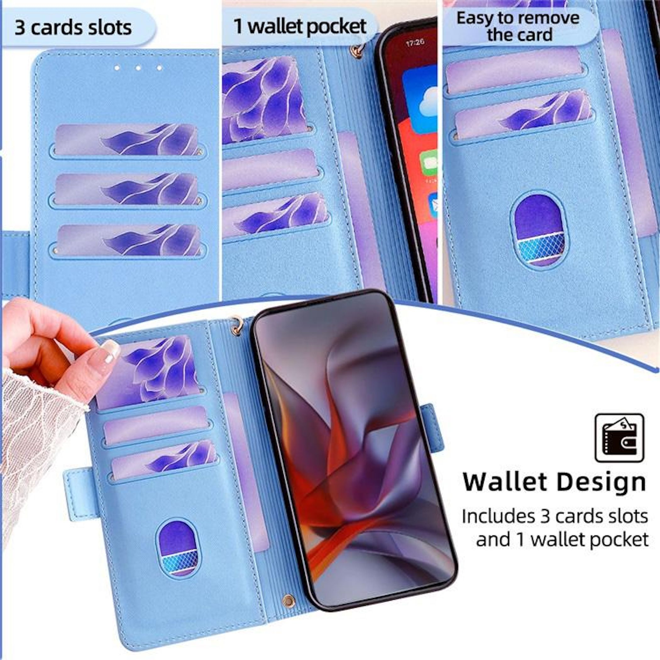 Blaue Brieftasche mit Kartenfächern und einem Telefon. Das Telefon zeigt die Uhrzeit an. Text sagt 'Wallet Design'.