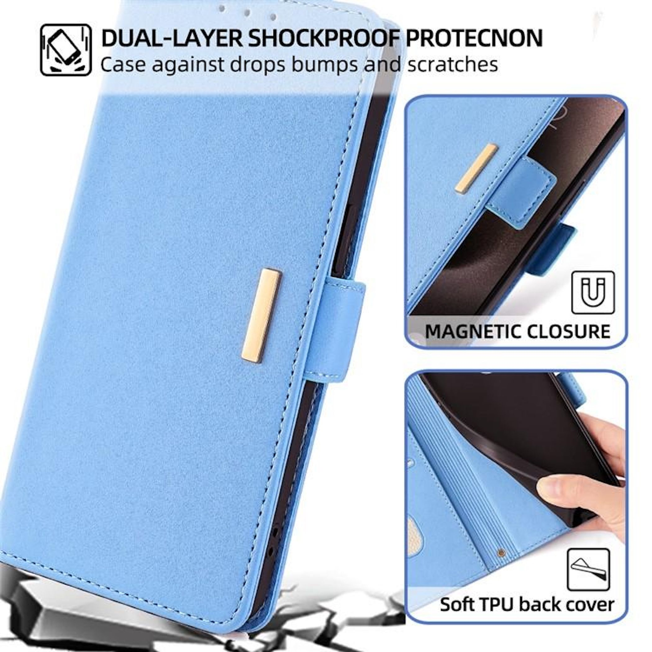 Blaue Handyhülle mit goldenen Akzenten. Zu den Merkmalen gehören Magnetverschluss und weiche TPU-Rückseite.