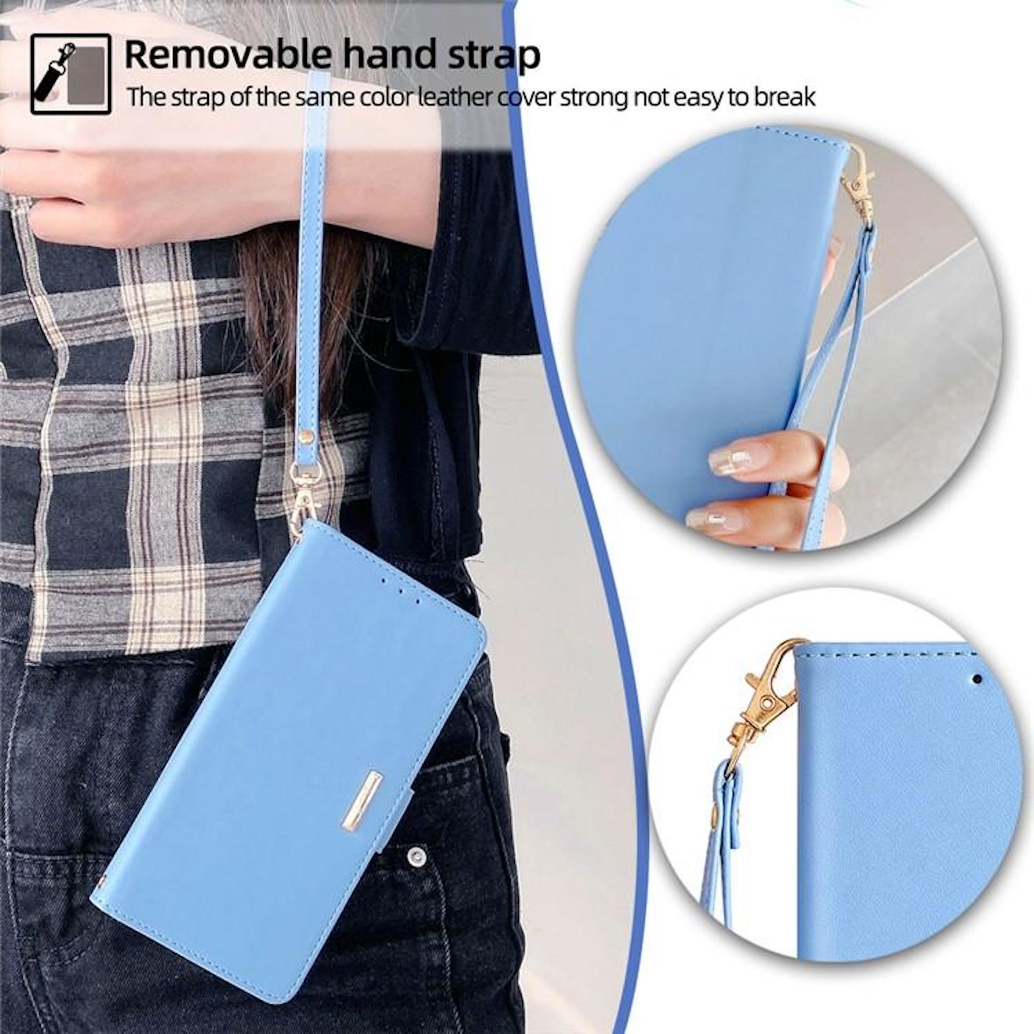 Eine Person hält eine hellblaue Handyhülle mit passendem Riemen. Details zeigen den Riemen, die Hand und vergrößerte Teile.